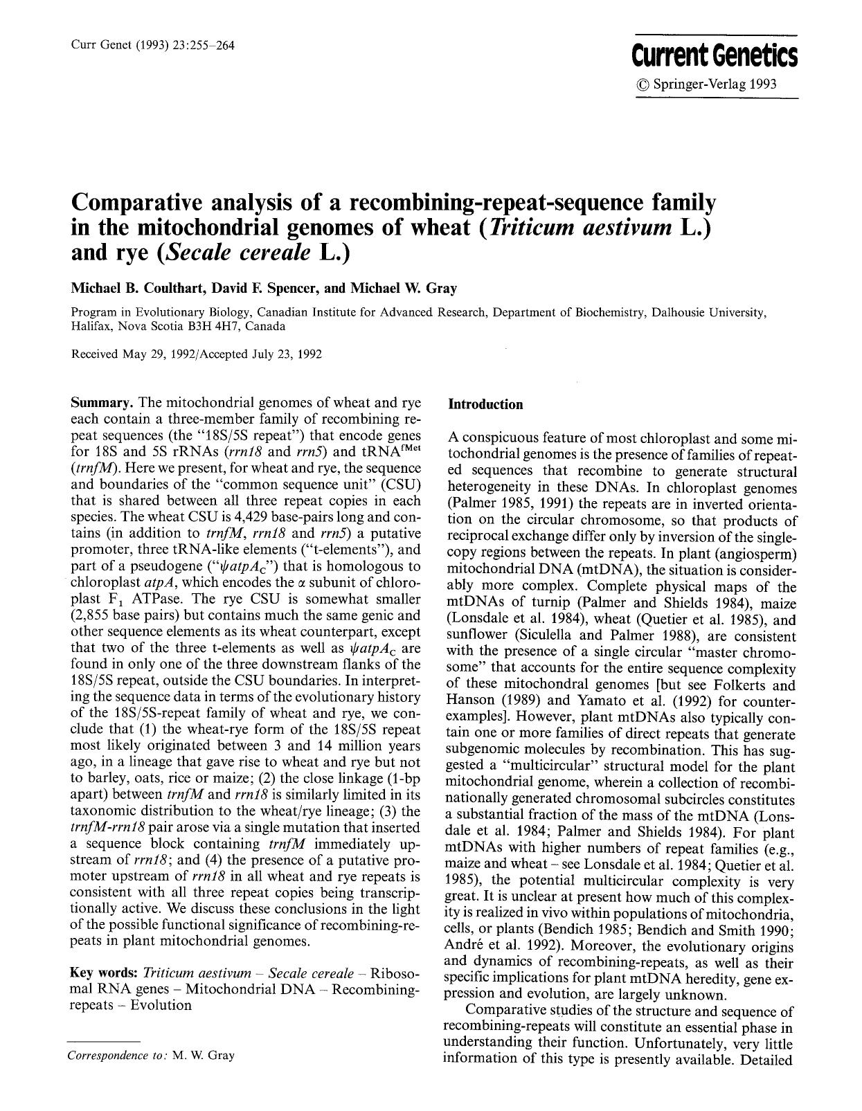 Comparative analysis of a recombining-repeat-sequence family in the mitochondrial genomes of wheat (<Emphasis Type="Italic">Triticum aestivum<Emphasis> L.) and rye (<Emphasis Type= by Unknown