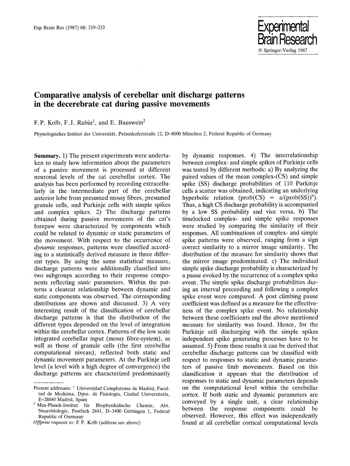 Comparative analysis of cerebellar unit discharge patterns in the decerebrate cat during passive movements by Unknown