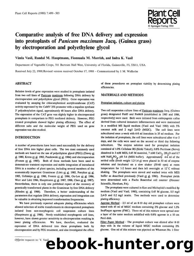 Comparative analysis of free DNA delivery and expression into protoplasts of <Emphasis Type="Italic">Panicum maximum<Emphasis> Jacq. (Guinea grass) by electroporation and polyethylene glycol by Unknown
