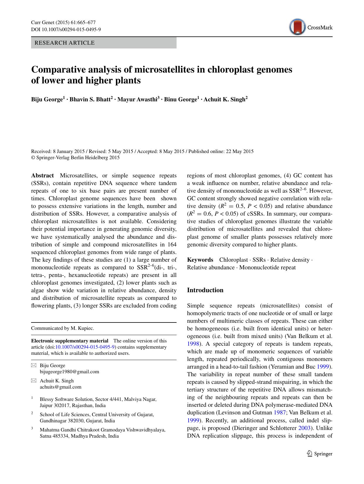 Comparative analysis of microsatellites in chloroplast genomes of lower and higher plants by Biju George & Bhavin S. Bhatt & Mayur Awasthi & Binu George & Achuit K. Singh