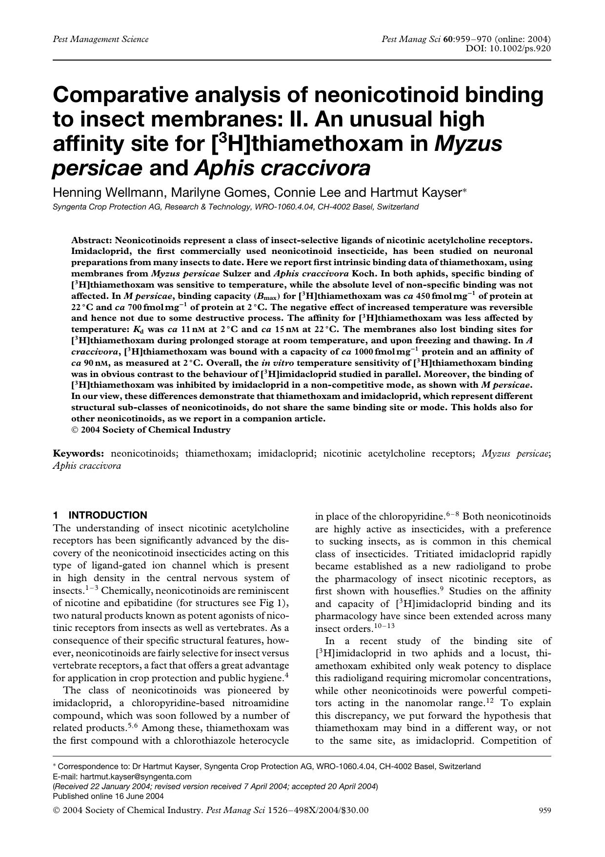 Comparative analysis of neonicotinoid binding to insect membranes: II. An unusual high affinity site for [3H]thiamethoxam in Myzus persicae and Aphis craccivora by Unknown