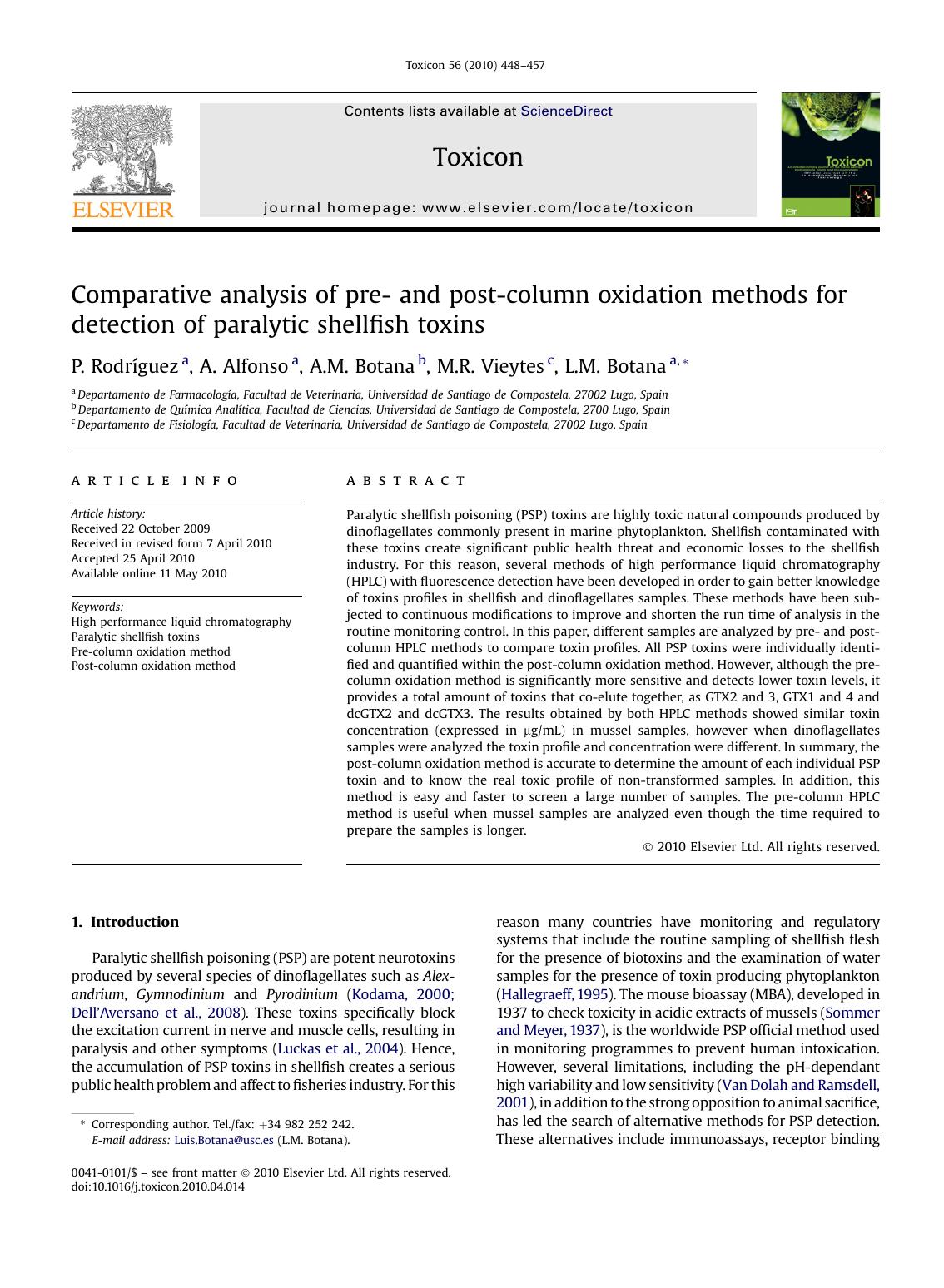 Comparative analysis of pre- and post-column oxidation methods for detection of paralytic shellfish toxins by P. Rodríguez & A. Alfonso & A.M. Botana & M.R. Vieytes & L.M. Botana