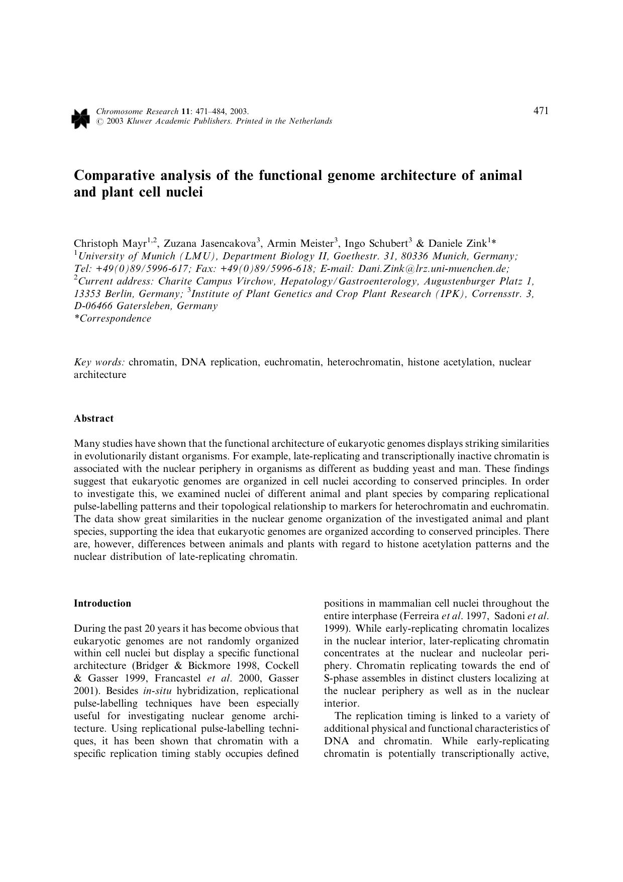 Comparative analysis of the functional genome architecture of animal andplant cell nuclei by Unknown