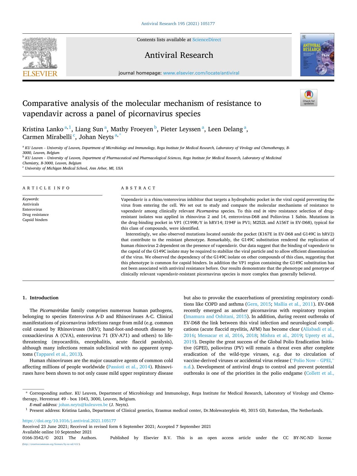 Comparative analysis of the molecular mechanism of resistance to vapendavir across a panel of picornavirus species by unknow