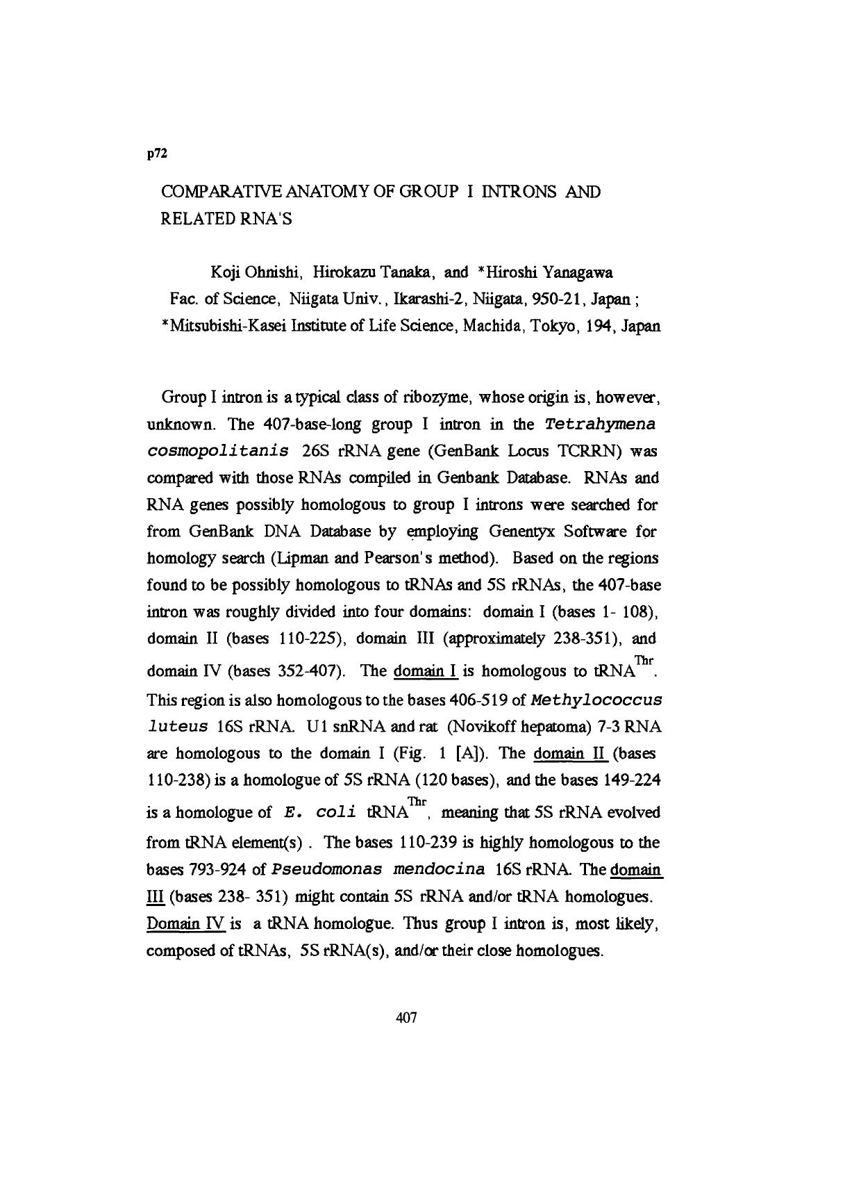 Comparative anatomy of group I introns and related RNA's by Unknown