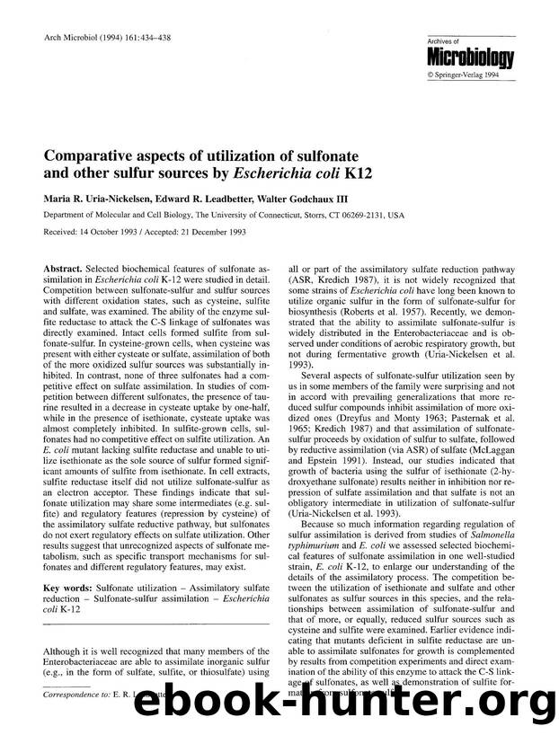 Comparative aspects of utilization of sulfonate and other sulfur sources by <Emphasis Type="Italic">Escherichia coli<Emphasis> K12 by Unknown