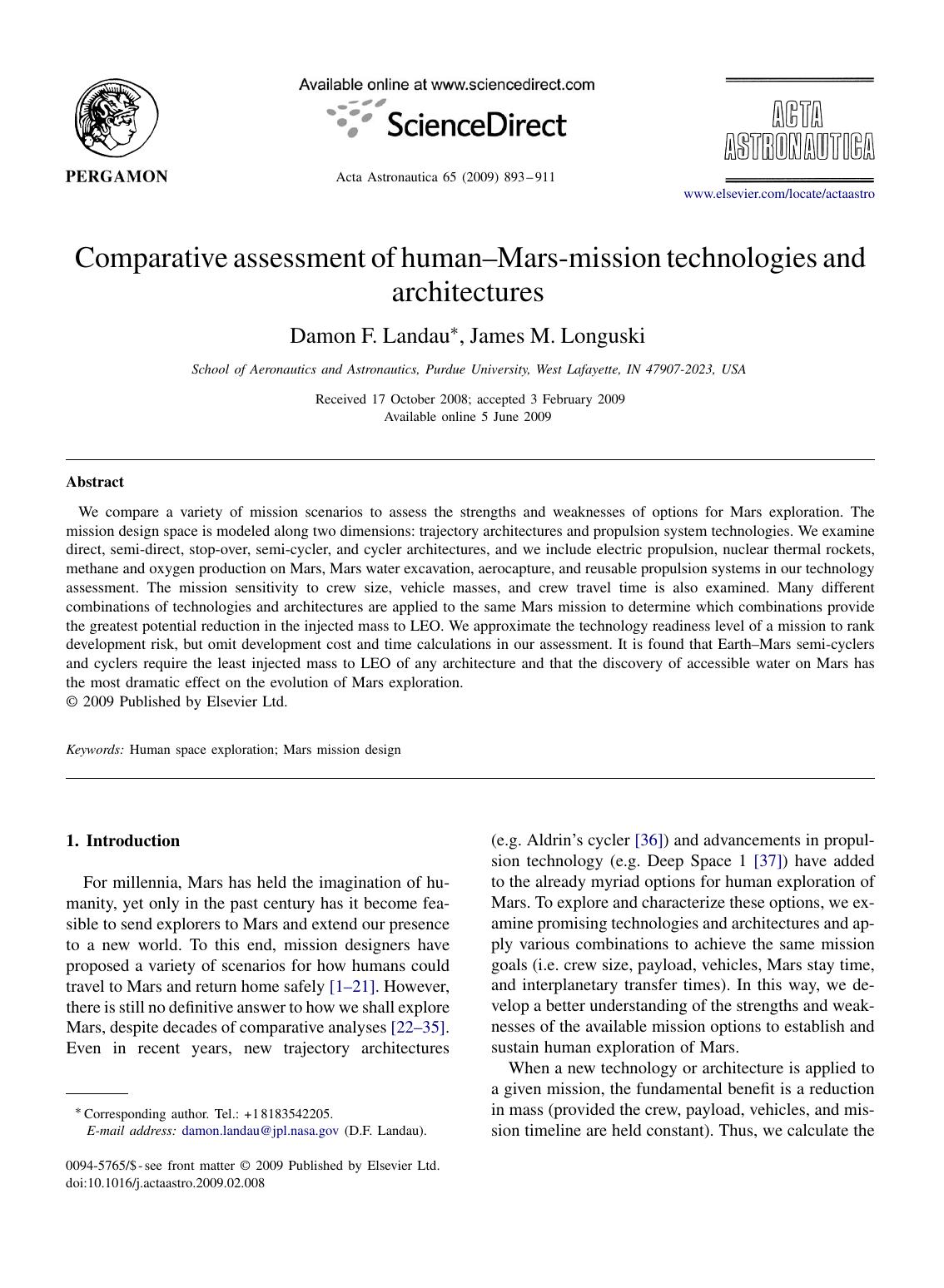 Comparative assessment of humanâMars-mission technologies and architectures by Damon F. Landau; James M. Longuski