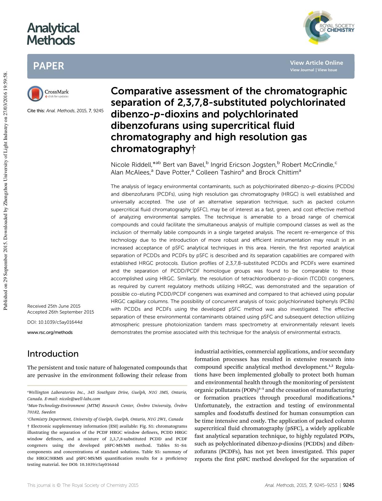 Comparative assessment of the chromatographic separation of 2,3,7,8-substituted polychlorinated dibenzo-p-dioxins and polychlorinated dibenzofurans using supercritical fluid chroma by unknow