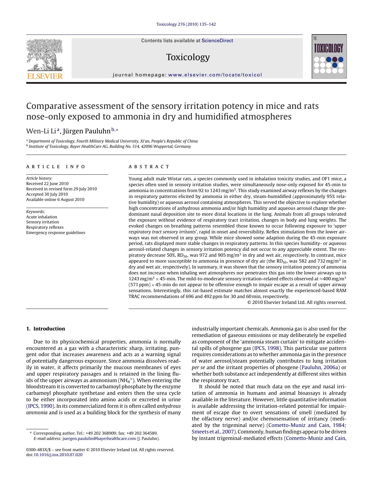 Comparative assessment of the sensory irritation potency in mice and rats nose-only exposed to ammonia in dry and humidified atmospheres by Wen-Li Li
