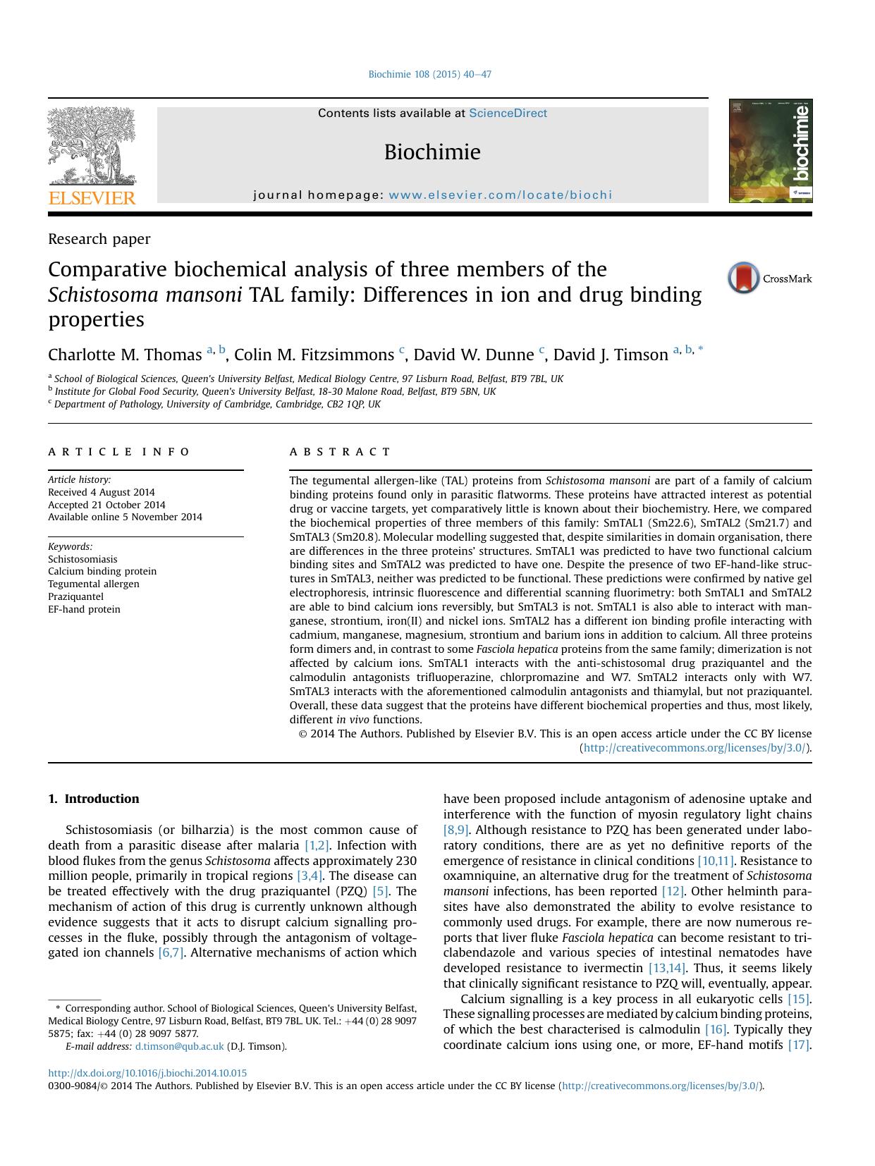 Comparative biochemical analysis of three members of the Schistosoma mansoni TAL family: Differences in ion and drug binding properties by Charlotte M. Thomas & Colin M. Fitzsimmons & David W. Dunne & David J. Timson