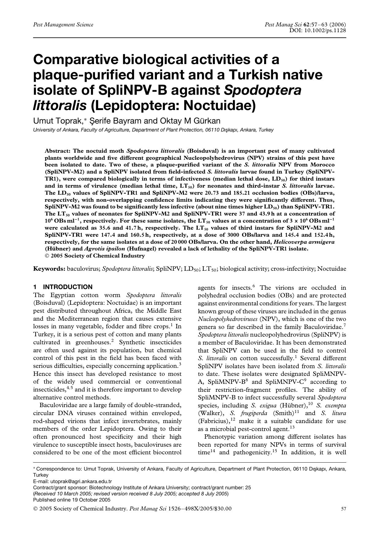 Comparative biological activities of a plaque-purified variant and a Turkish native isolate of SpliNPV-B against Spodoptera littoralis (Lepidoptera: Noctuidae) by Unknown