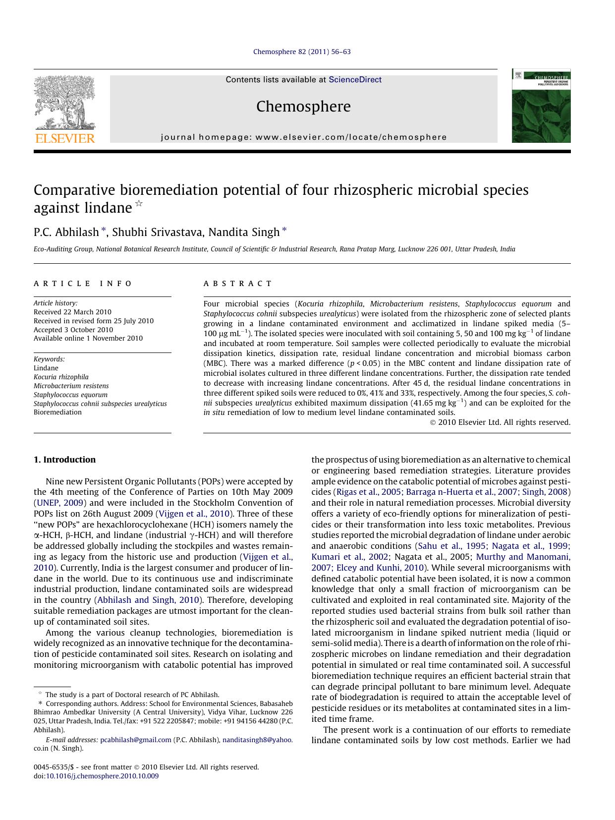 Comparative bioremediation potential of four rhizospheric microbial species against lindane by P.C. Abhilash & Shubhi Srivastava & Nandita Singh
