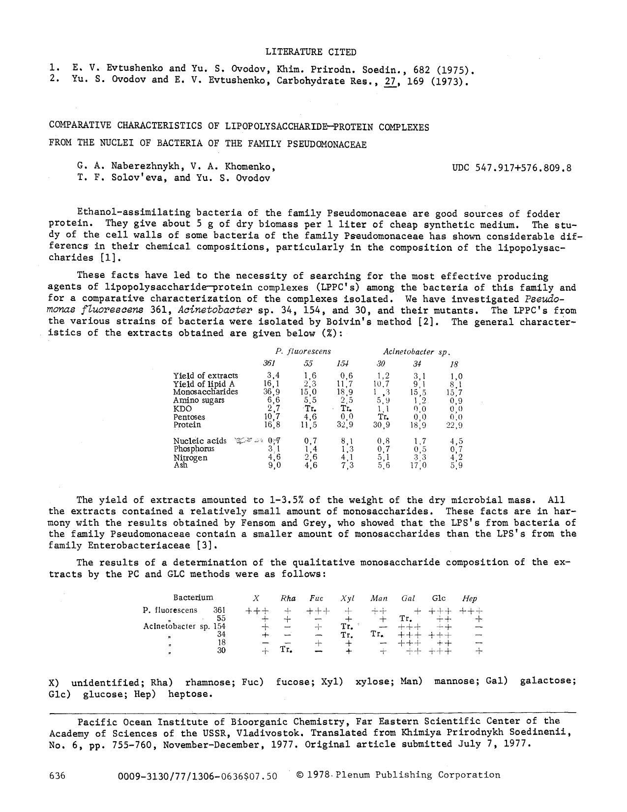 Comparative characteristics of lipopolysaccharide-protein complexes from the nuclei of bacteria of the family Pseudomonaceae by Unknown