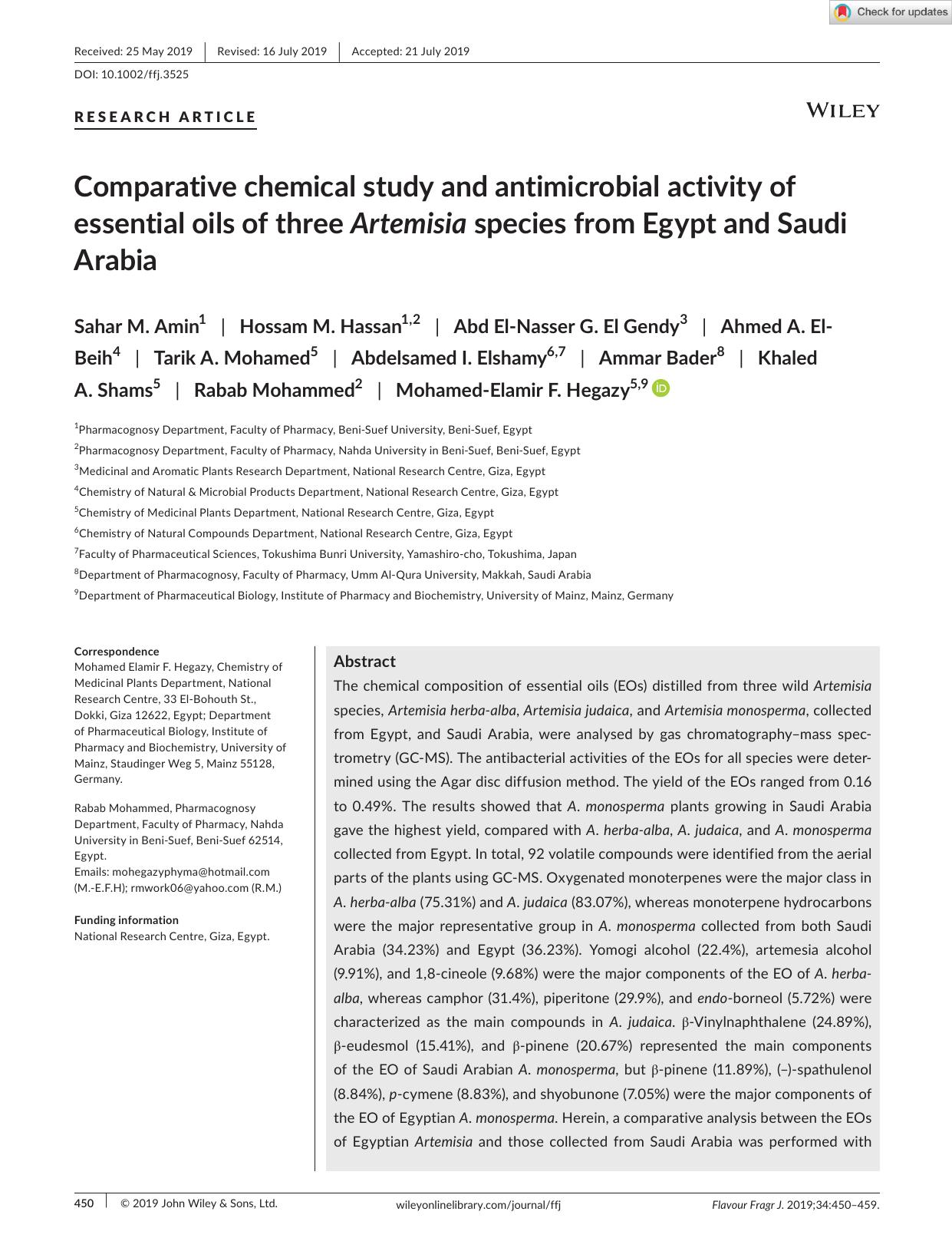 Comparative chemical study and antimicrobial activity of essential oils of three Artemisia species from Egypt and Saudi Arabia by Unknown