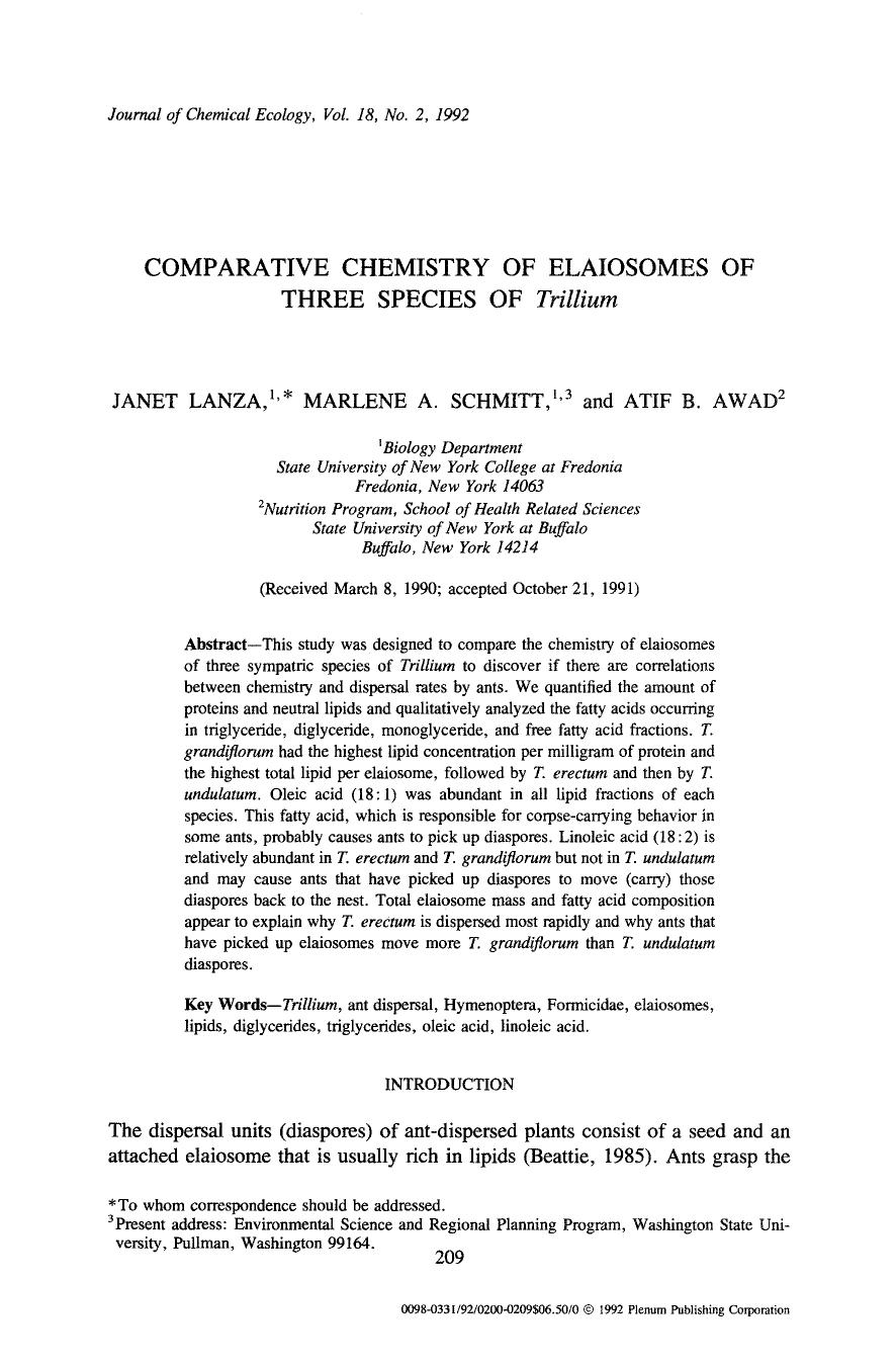 Comparative chemistry of elaiosomes of three species of <Emphasis Type="Italic">Trillium <Emphasis> by Unknown