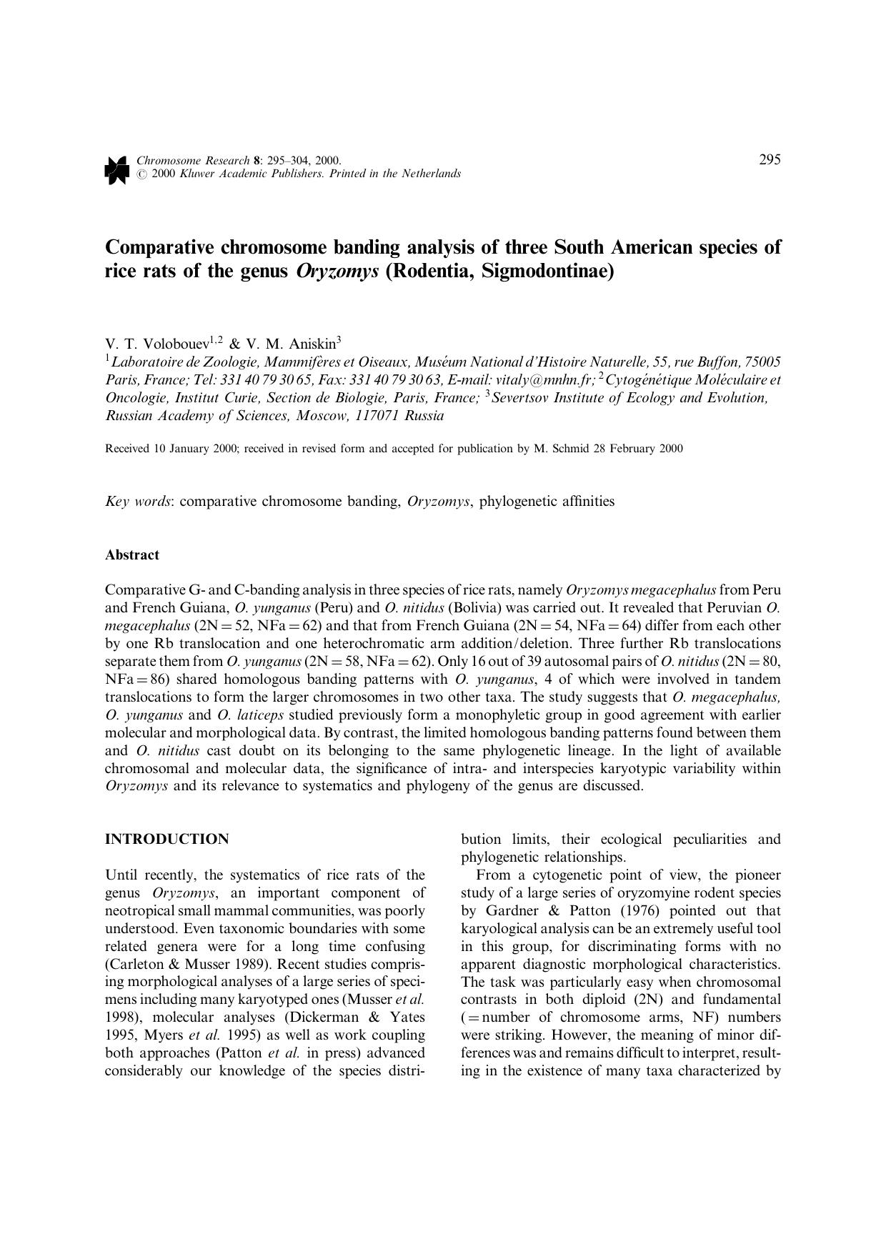 Comparative chromosome banding analysis of three South American species of rice rats of the genus Oryzomys (Rodentia, Sigmodontinae) by Unknown