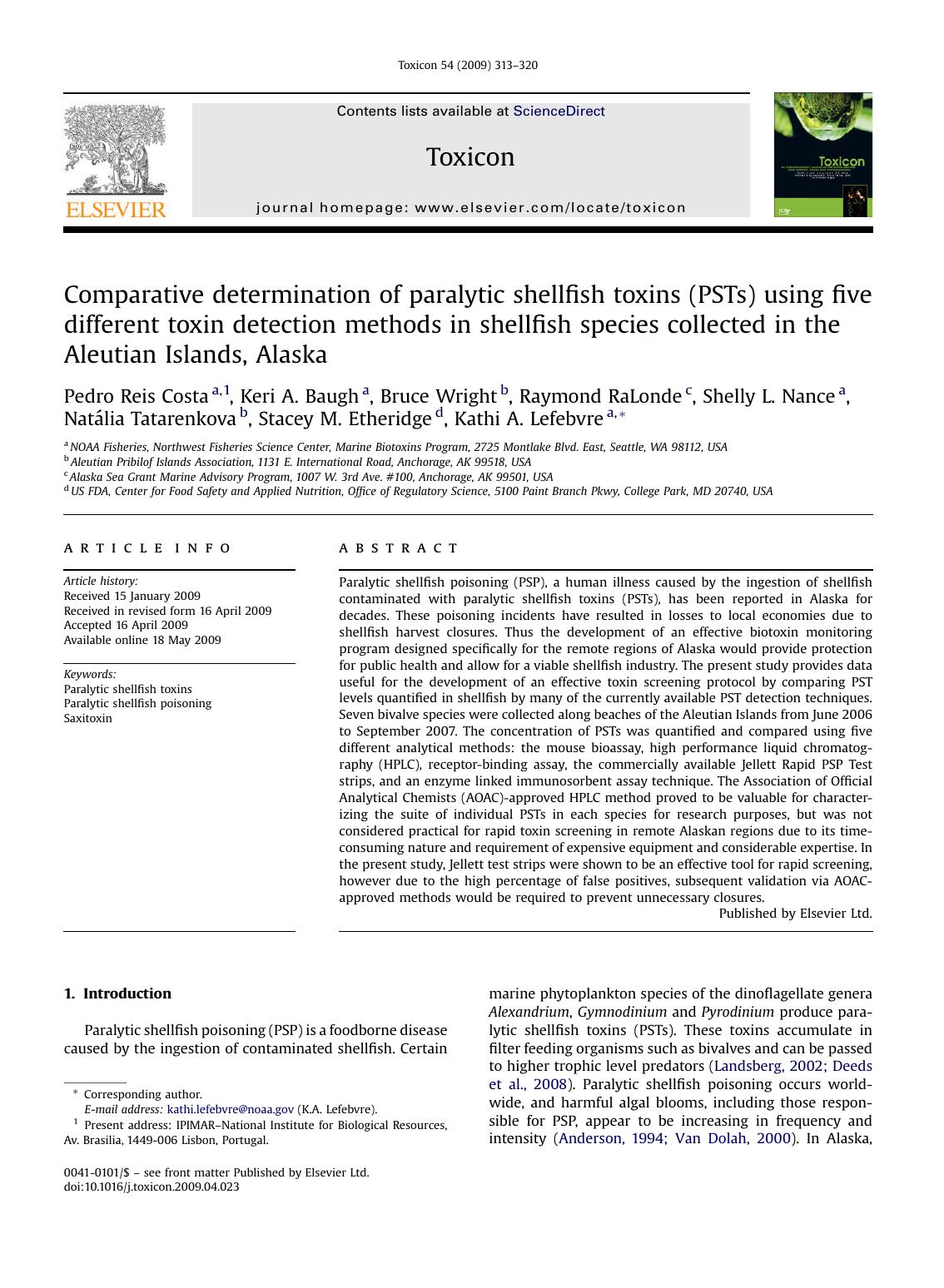 Comparative determination of paralytic shellfish toxins (PSTs) using five different toxin detection methods in shellfish species collected in the Aleutian Islands, Alaska by unknow