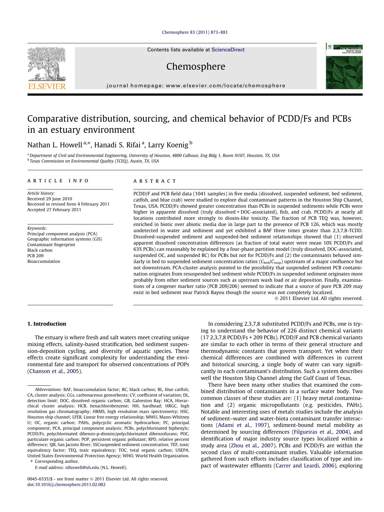 Comparative distribution, sourcing, and chemical behavior of PCDDFs and PCBs in an estuary environment by Nathan L. Howell & Hanadi S. Rifai & Larry Koenig