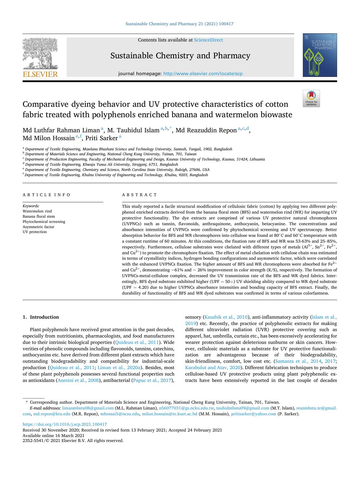 Comparative dyeing behavior and UV protective characteristics of cotton fabric treated with polyphenols enriched banana and watermelon biowaste by Md Luthfar Rahman Liman & M. Tauhidul Islam & Md Reazuddin Repon & Md Milon Hossain & Priti Sarker