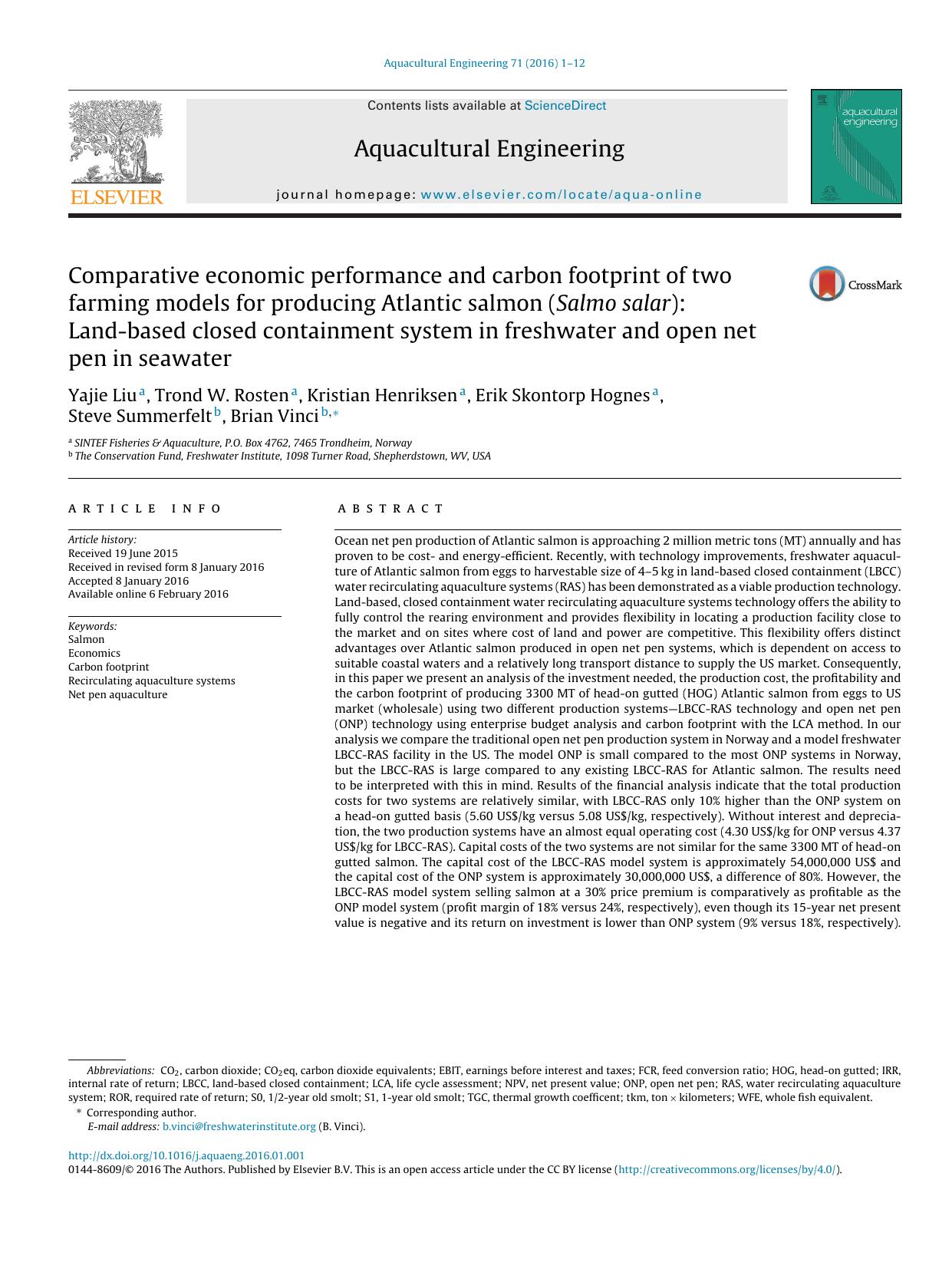 Comparative economic performance and carbon footprint of two farming models for producing Atlantic salmon (Salmo salar): Land-based closed containment system in freshwater and open net pen in seawater by unknow