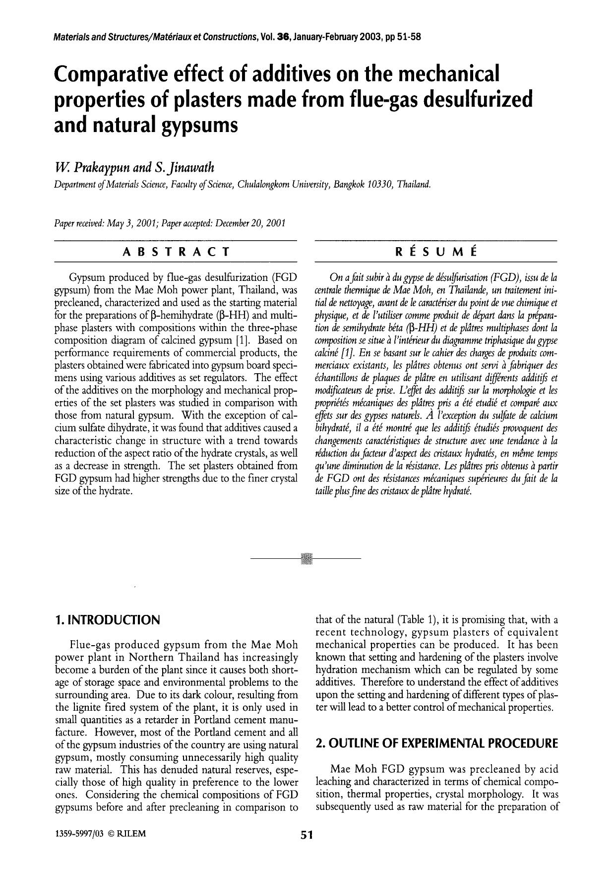 Comparative effect of additives on the mechanical properties of plasters made from flue-gas desulfurized and natural gypsums by Unknown