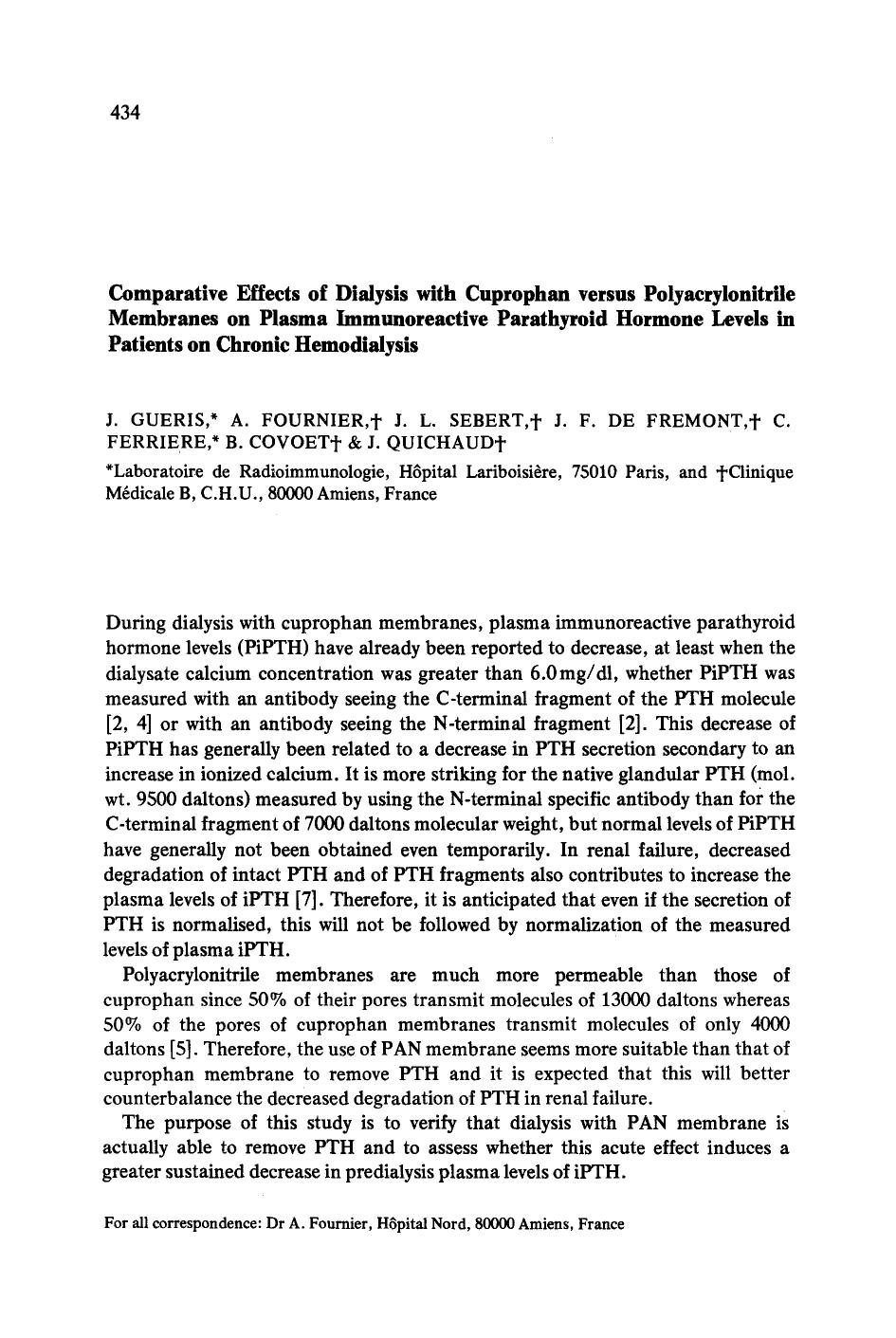 Comparative effects of dialysis with cuprophan versus polyacrylonitrile membranes on plasma immunoreactive parathyroid hormone levels in patients on chronic hemodialysis by Unknown