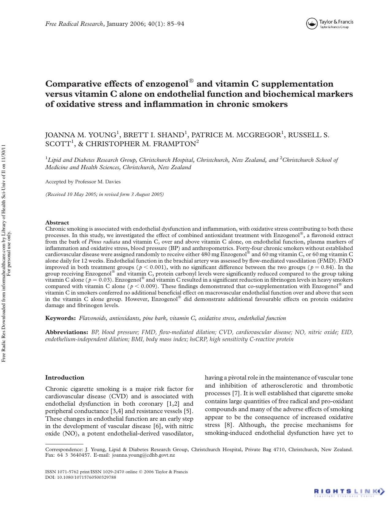 Comparative effects of enzogenolÂ® and vitamin C supplementation versus vitamin C alone on endothelial function and biochemical markers of oxidative stress and inflammation in chronic smokers by unknow
