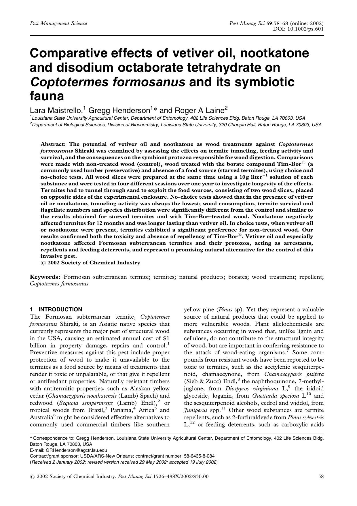 Comparative effects of vetiver oil, nootkatone and disodium octaborate tetrahydrate on Coptotermes formosanus and its symbiotic fauna by Unknown