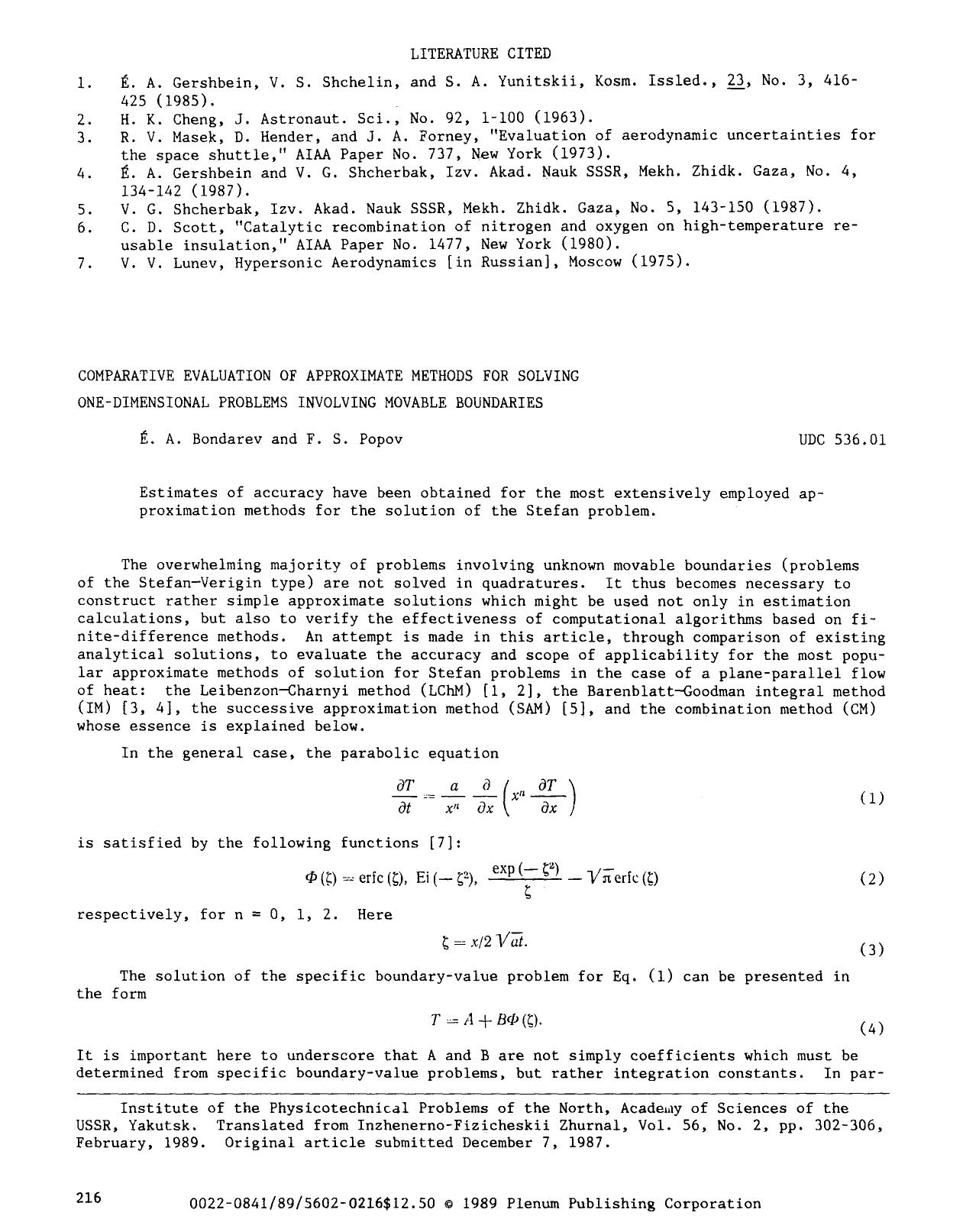 Comparative evaluation of approximate methods for solving one-dimensional problems involving movable boundaries by Unknown