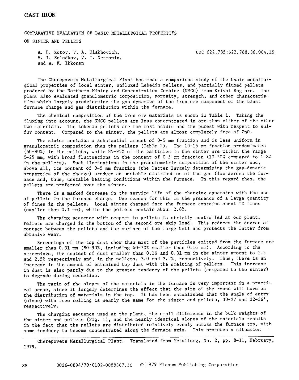 Comparative evaluation of basic metallurgical properties of sinter and pellets by Unknown