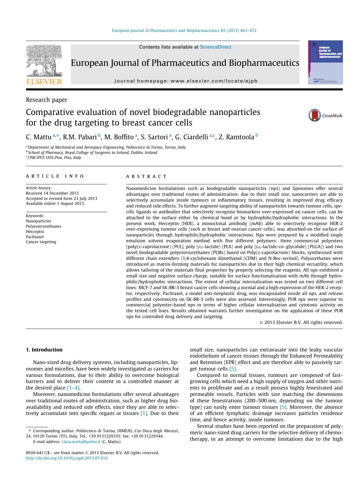 Comparative evaluation of novel biodegradable nanoparticles for the drug targeting to breast cancer cells by C. Mattu & R.M. Pabari & M. Boffito & S. Sartori & G. Ciardelli & Z. Ramtoola