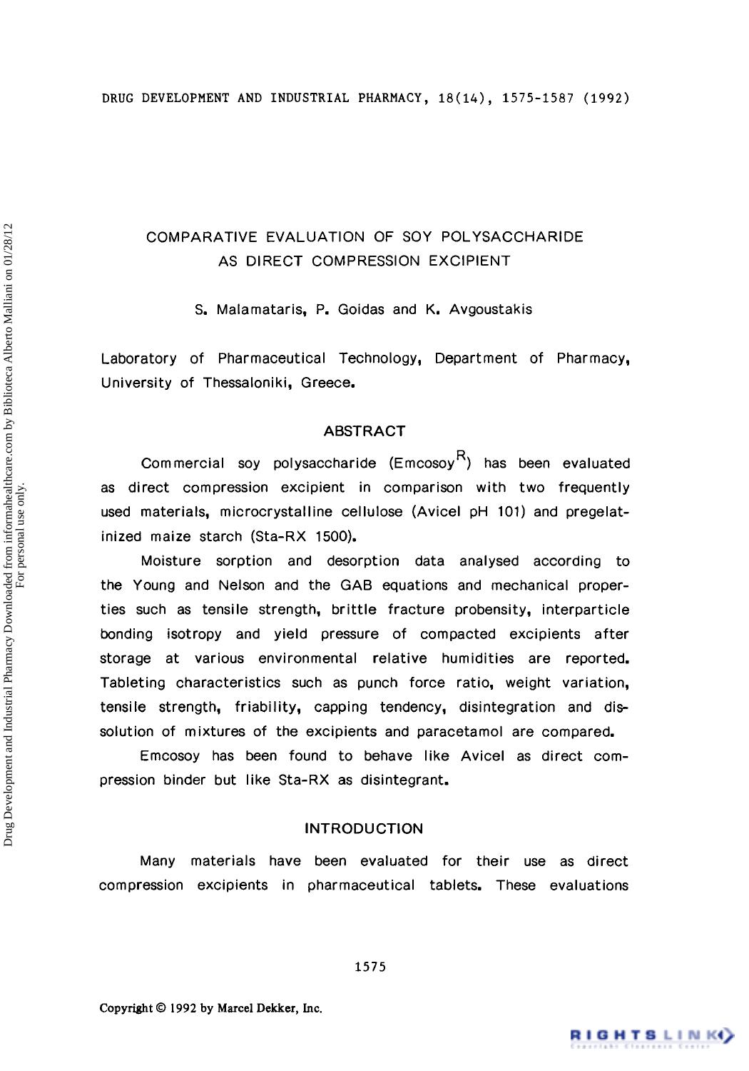 Comparative evaluation of soy polysaccharide as direct compression excipient by S. Malamataris P. Goidas & K. Avgoustakis