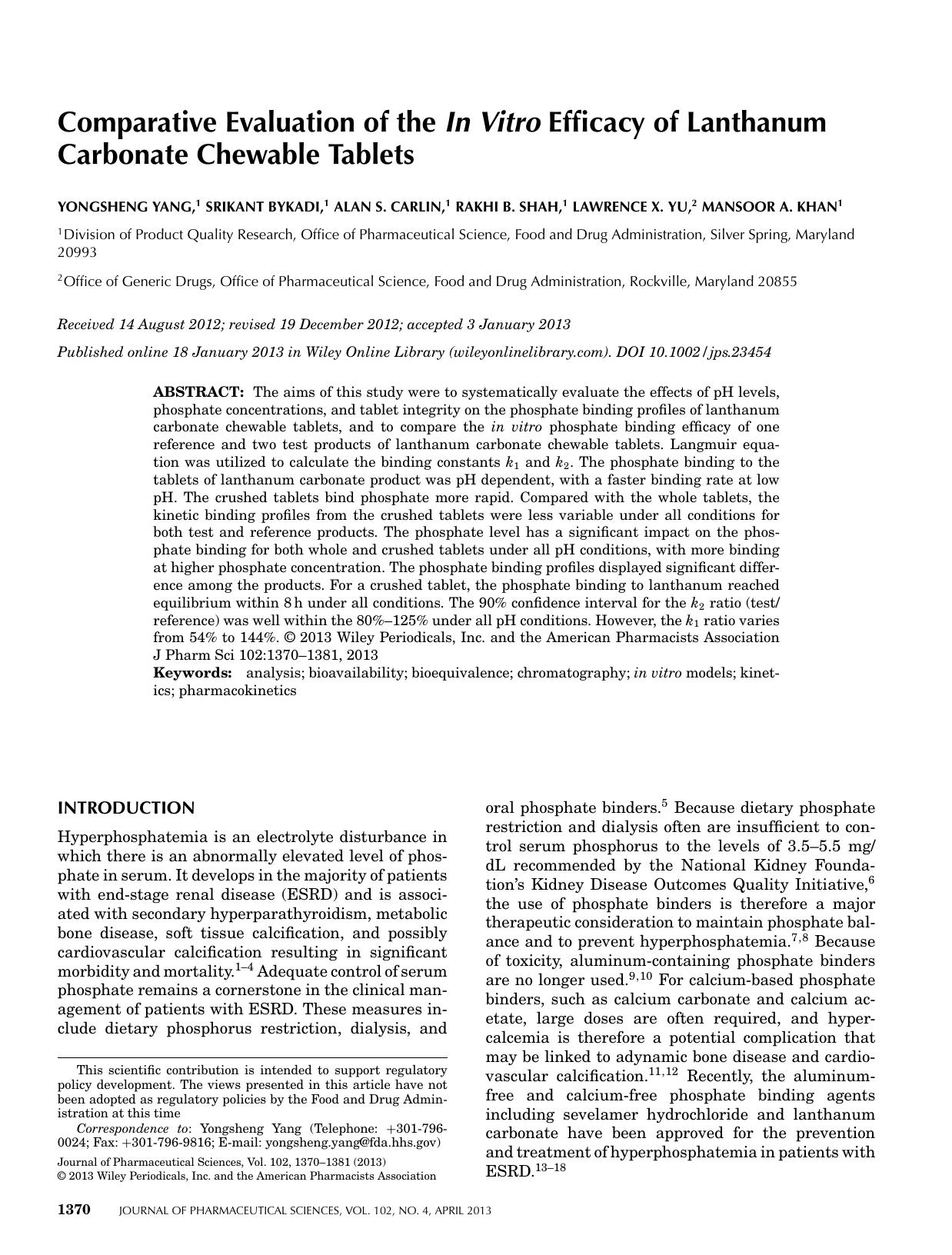 Comparative evaluation of the in vitro efficacy of lanthanum carbonate chewable tablets by Unknown