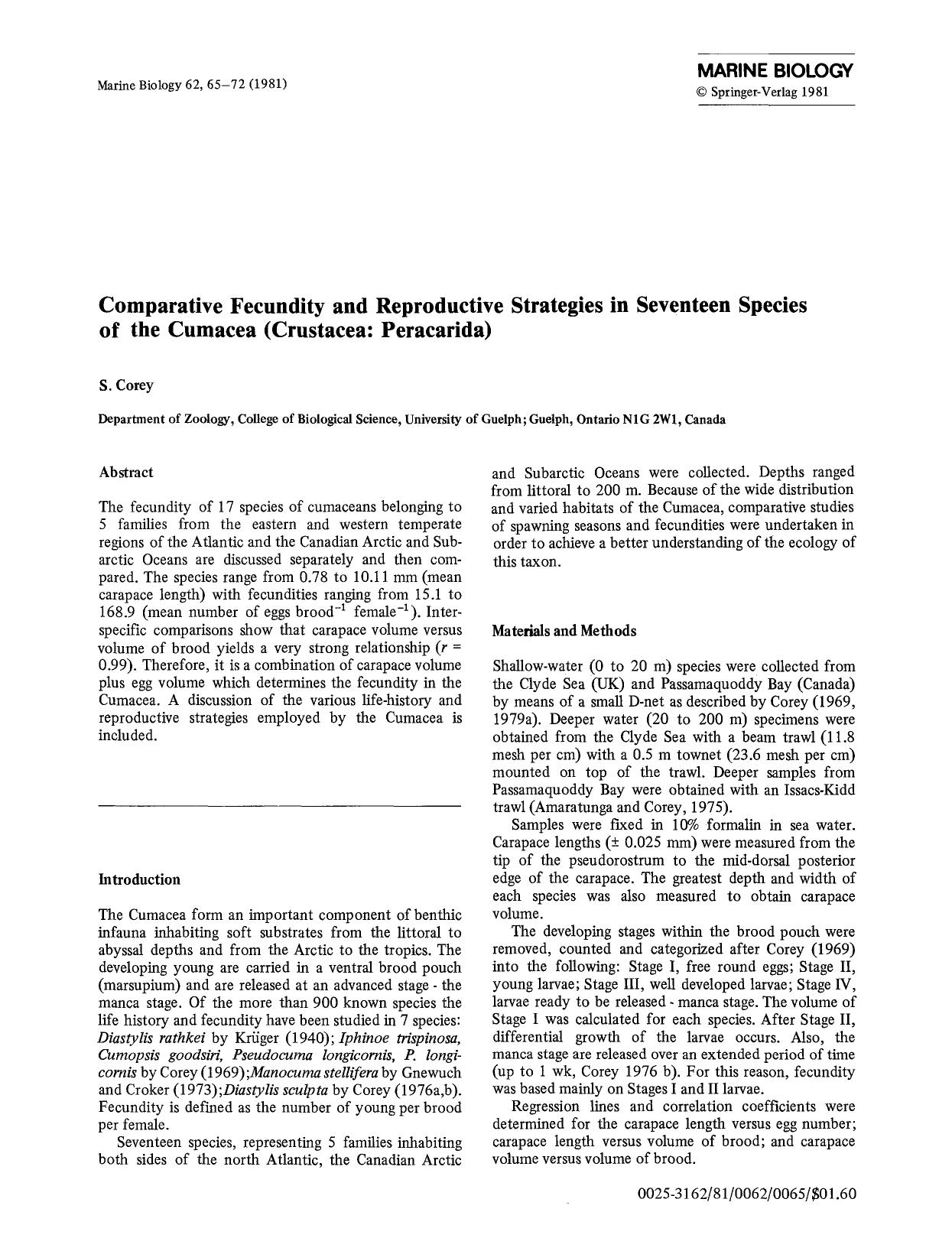 Comparative fecundity and reproductive strategies in seventeen species of the Cumacea (Crustacea: Peracarida) by Unknown