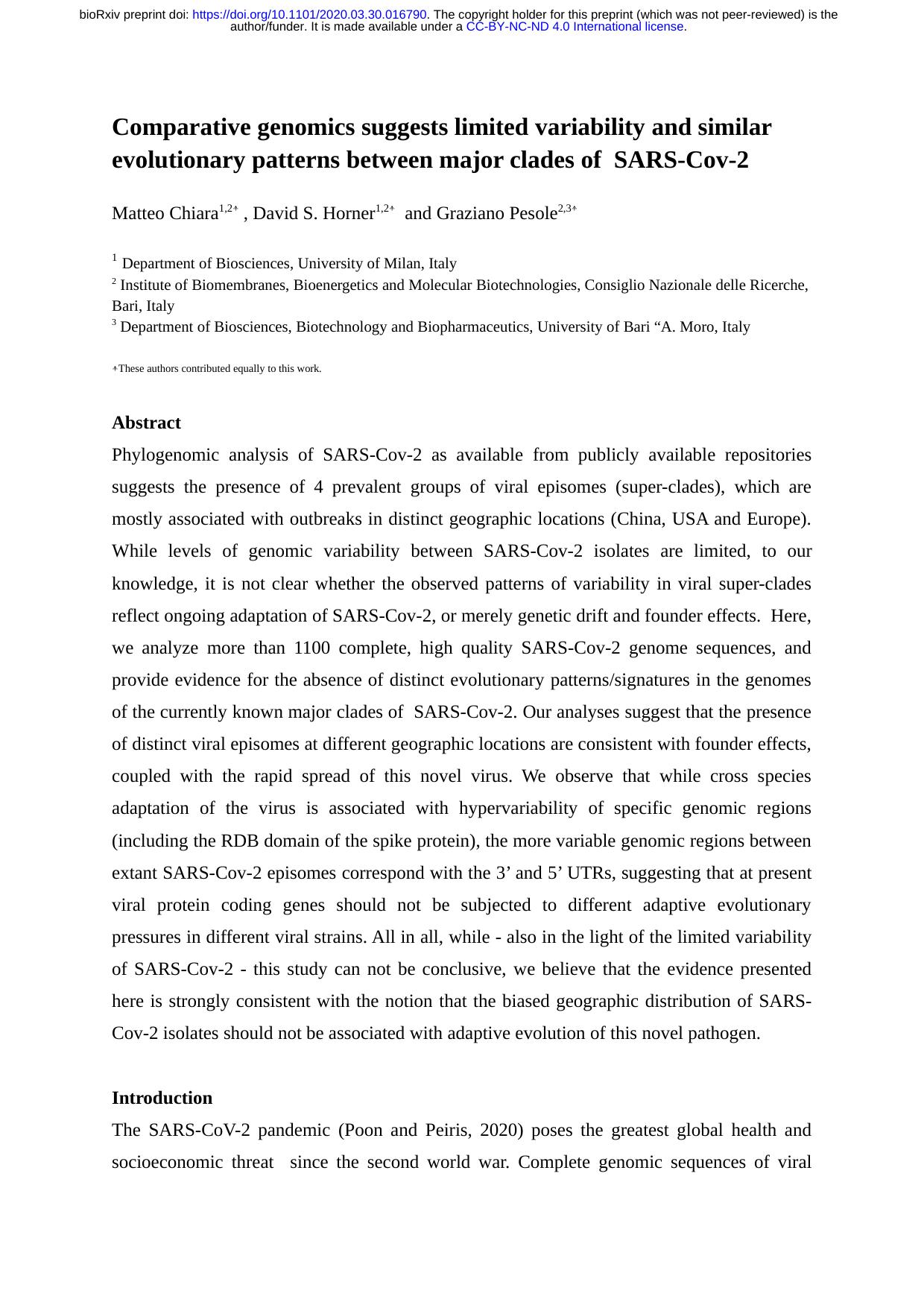 Comparative genomics suggests limited variability and similar evolutionary patterns between major clades of SARS-Cov-2 by Matteo Chiara