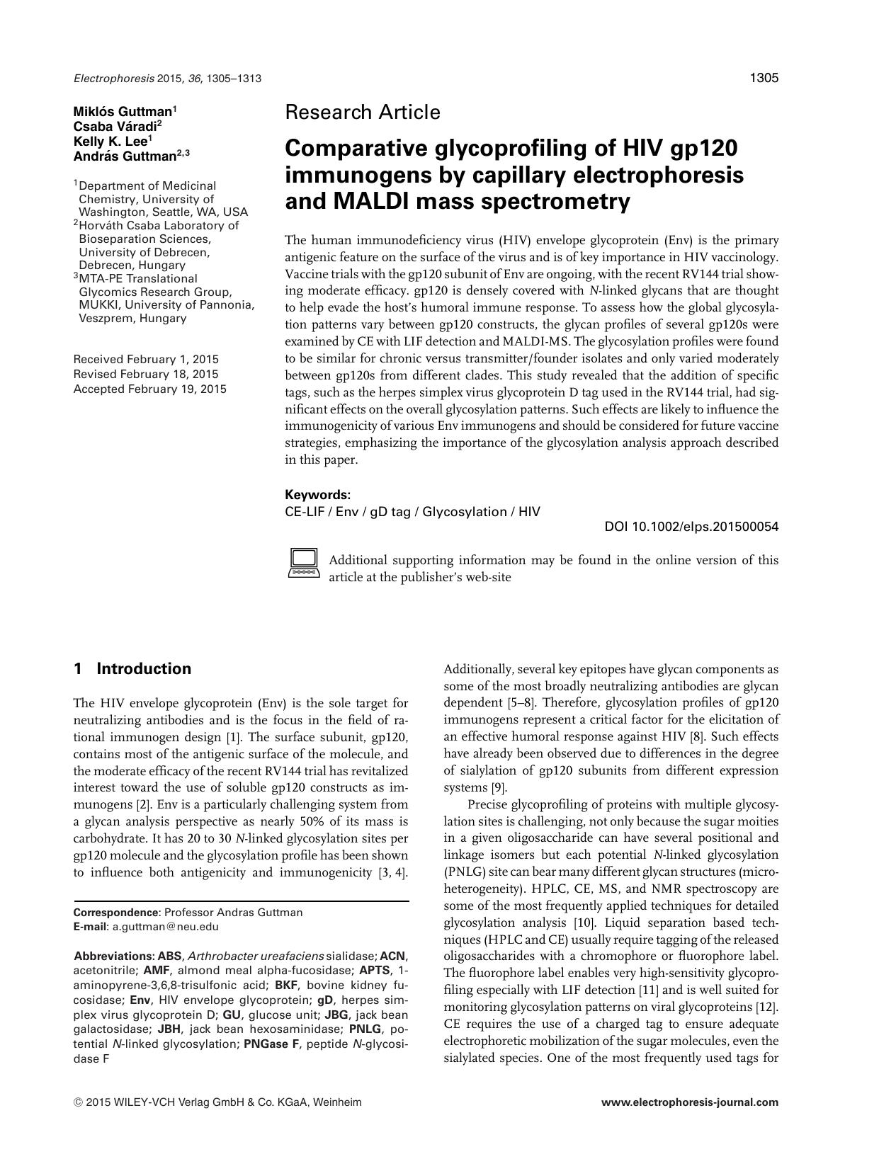 Comparative glycoprofiling of HIV gp120 immunogens by capillary electrophoresis and MALDI mass spectrometry by Unknown