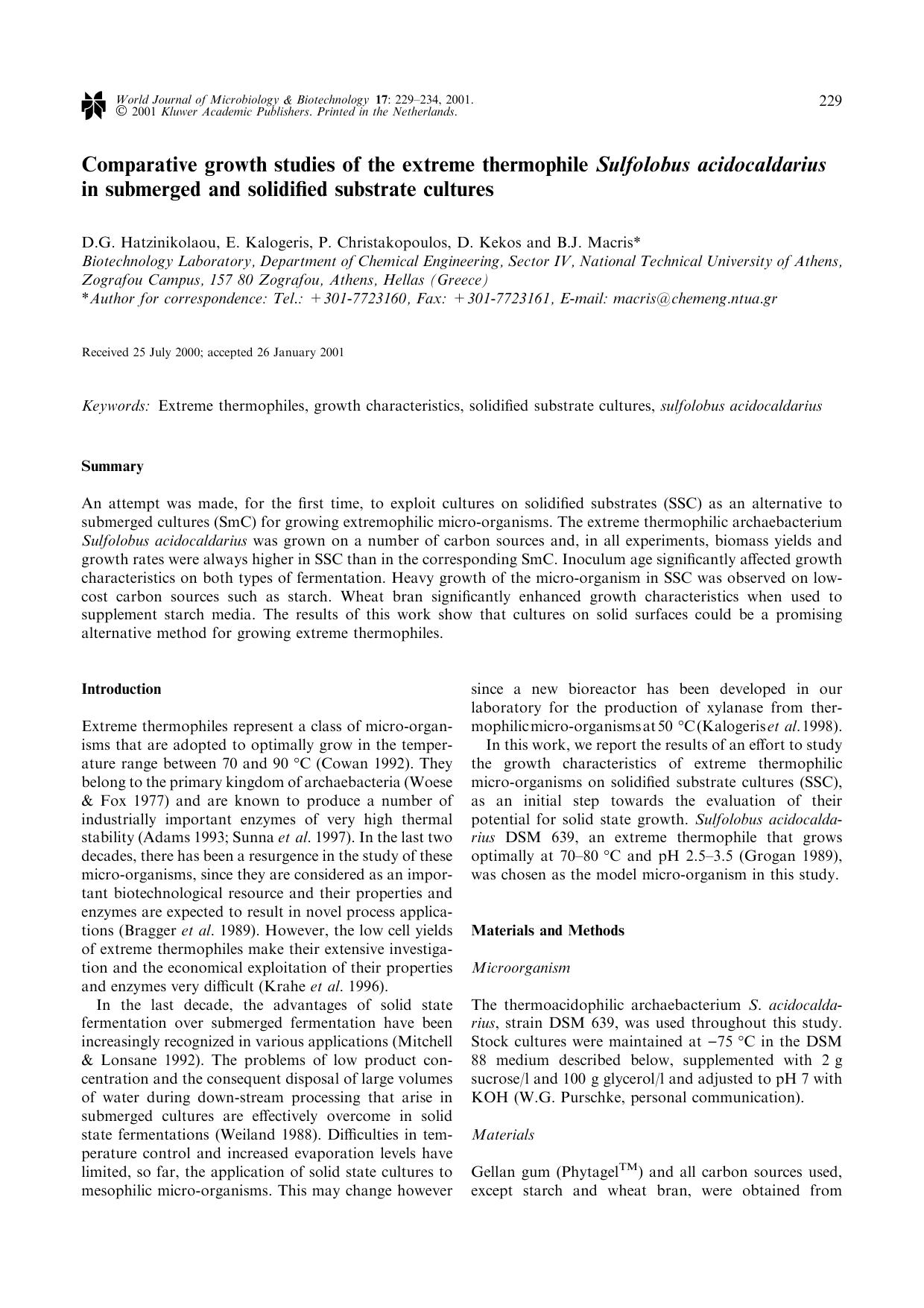 Comparative growth studies of the extreme thermophile Sulfolobus acidocaldarius in submerged and solidified substrate cultures by Unknown