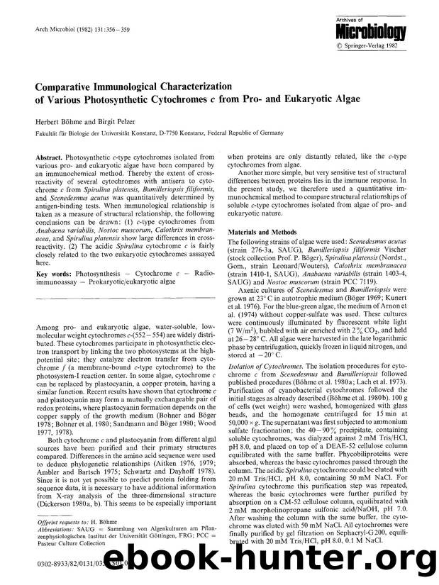Comparative immunological characterization of various photosynthetic cytochromes <Emphasis Type="Italic">c<Emphasis> from pro- and eukaryotic algae by Unknown