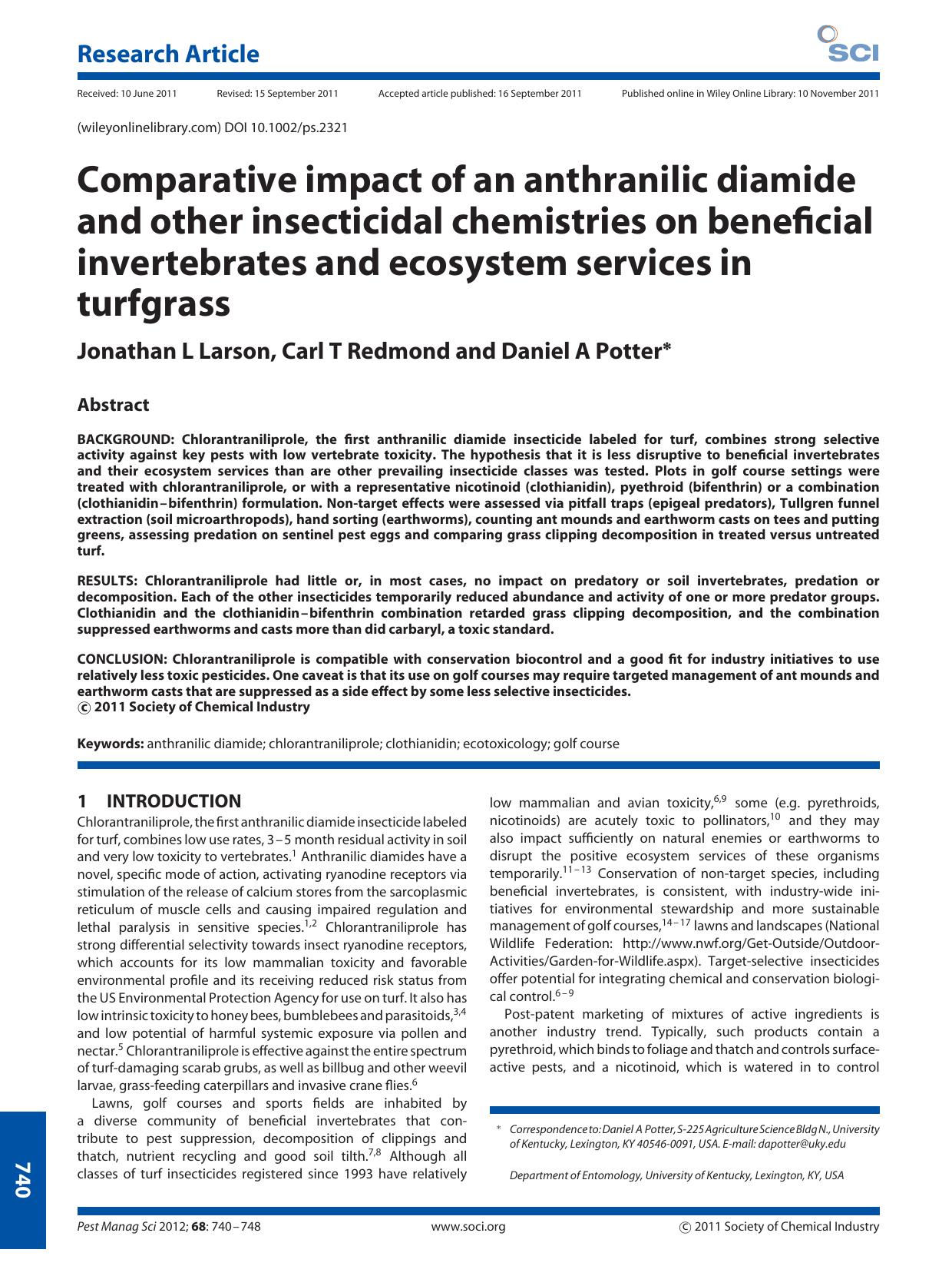 Comparative impact of an anthranilic diamide and other insecticidal chemistries on beneficial invertebrates and ecosystem services in turfgrass by Unknown