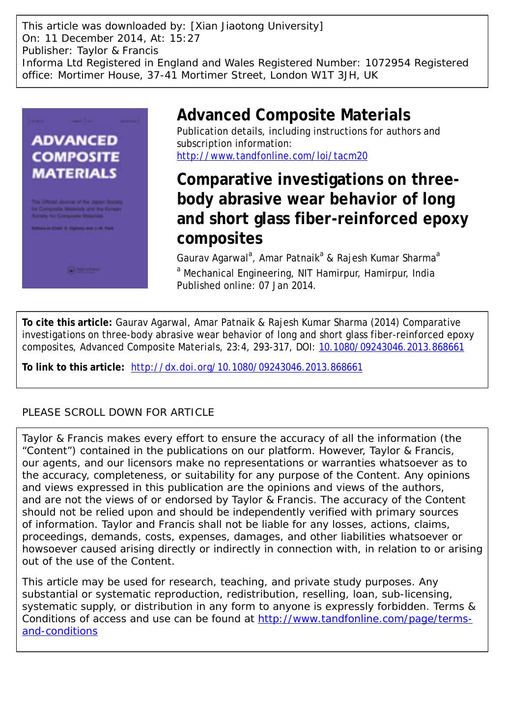 Comparative investigations on three-body abrasive wear behavior of long and short glass fiber-reinforced epoxy composites by Gaurav Agarwal