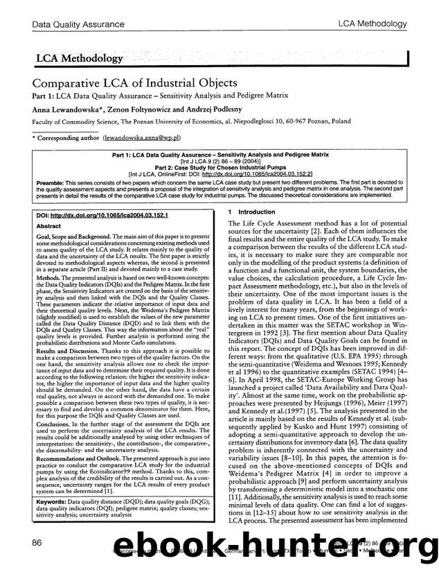 Comparative lca of industrial objects part 1: lca data quality assurance &#x2014; sensitivity analysis and pedigree matrix by Unknown