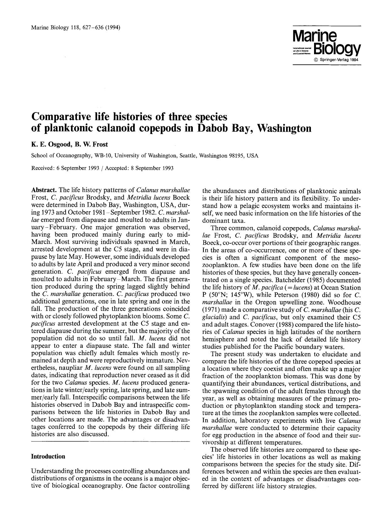 Comparative life histories of three species of planktonic calanoid copepods in Dabob Bay, Washington by Unknown