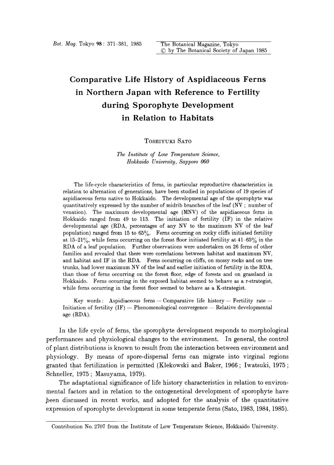Comparative life history of aspidiaceous ferns in northern Japan with reference to fertility during sporophyte development in relation to habitats by Unknown