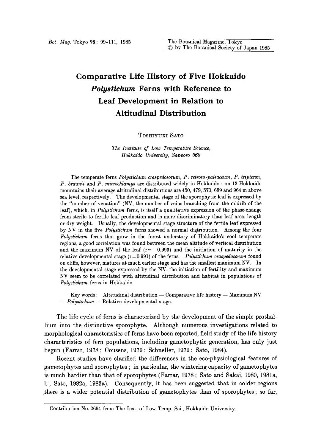 Comparative life history of five Hokkaido <Emphasis Type="Italic">Polystichum <Emphasis> ferns with reference to leaf development in relation to altitudinal distribution by Unknown