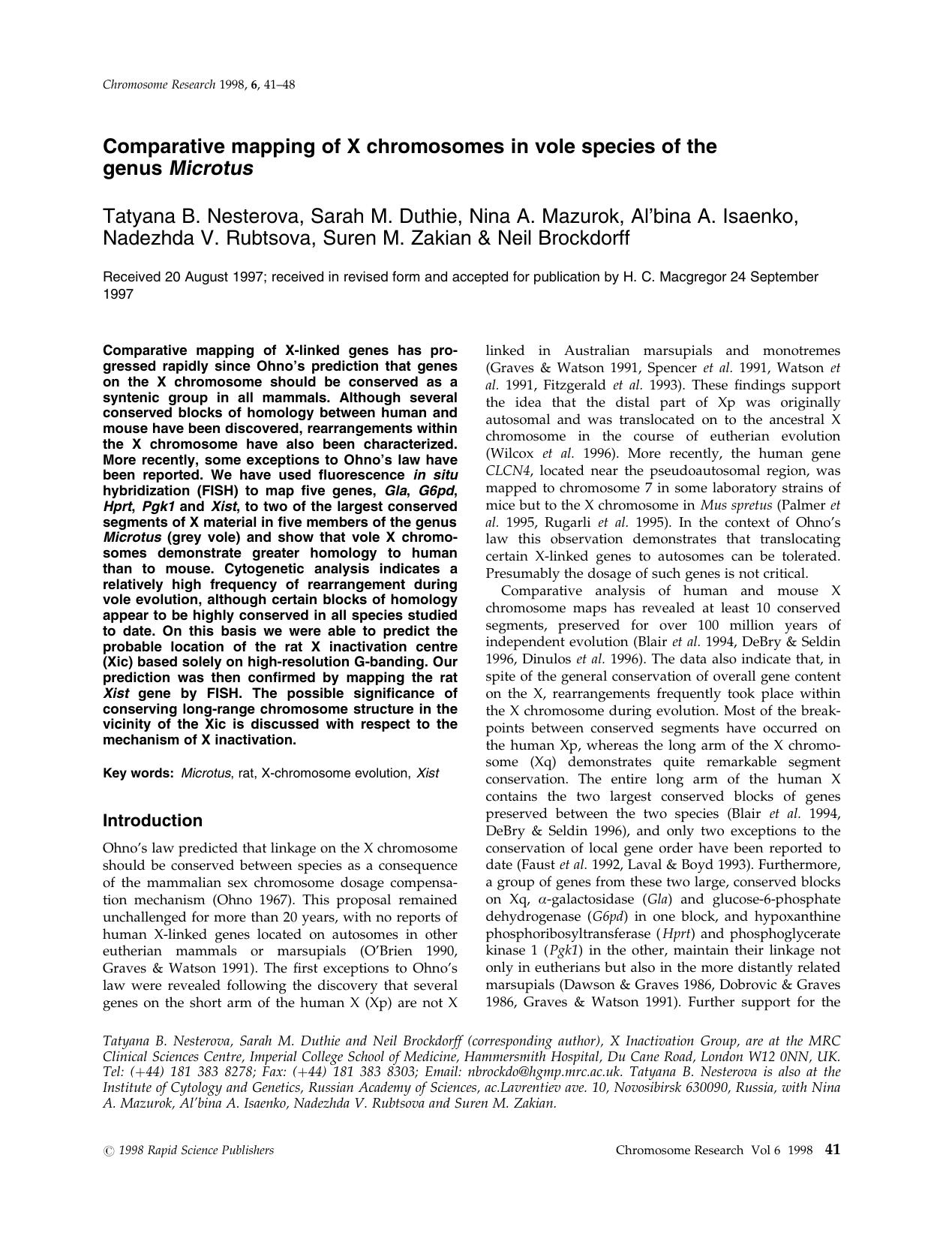 Comparative mapping of X chromosomes in vole species of the genus Microtus by Unknown