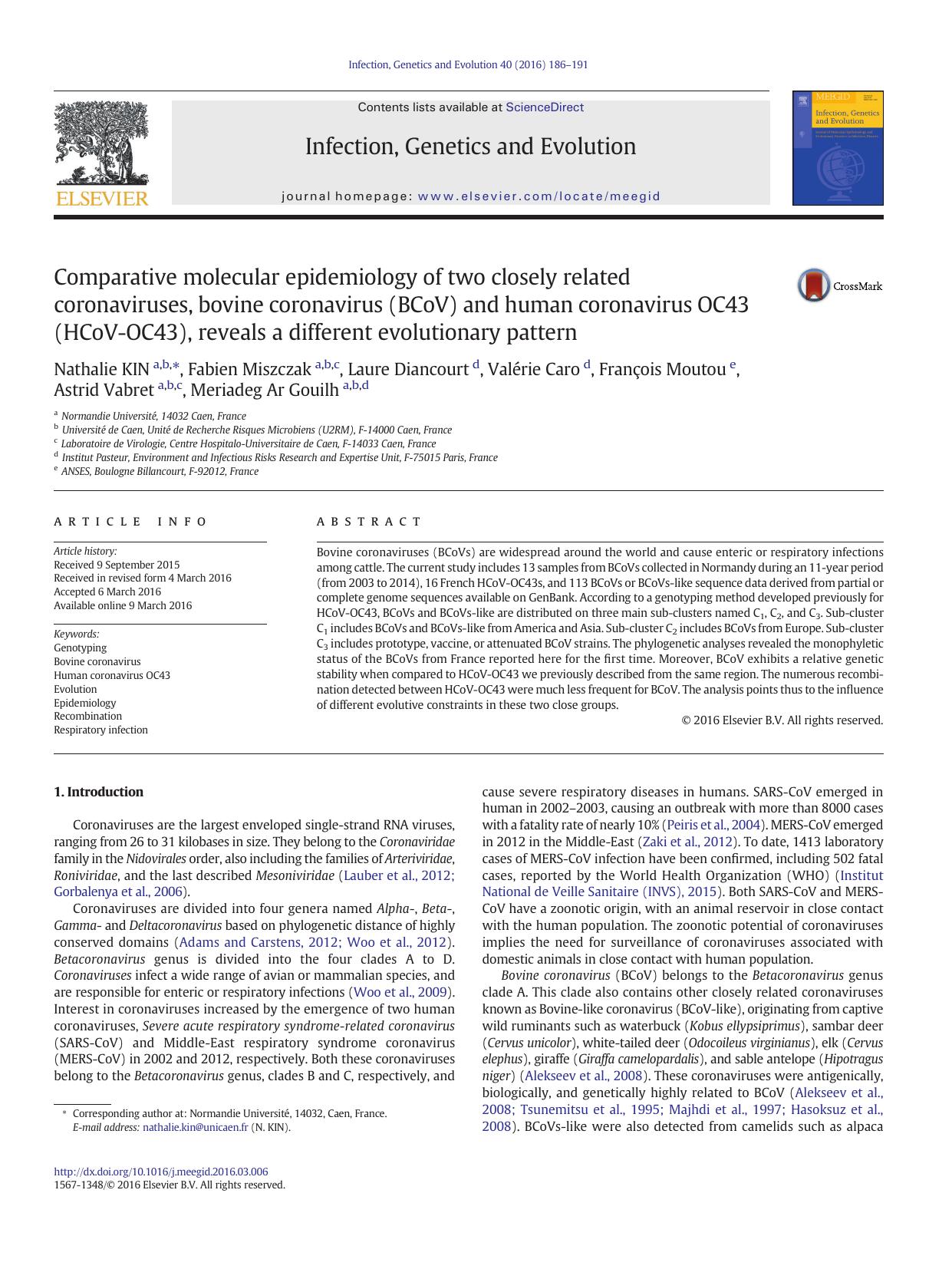 Comparative molecular epidemiology of two closely related coronaviruses, bovine coronavirus (BCoV) and human coronavirus OC43 (HCoV-OC43), reveals a different evolutionary pattern by unknow