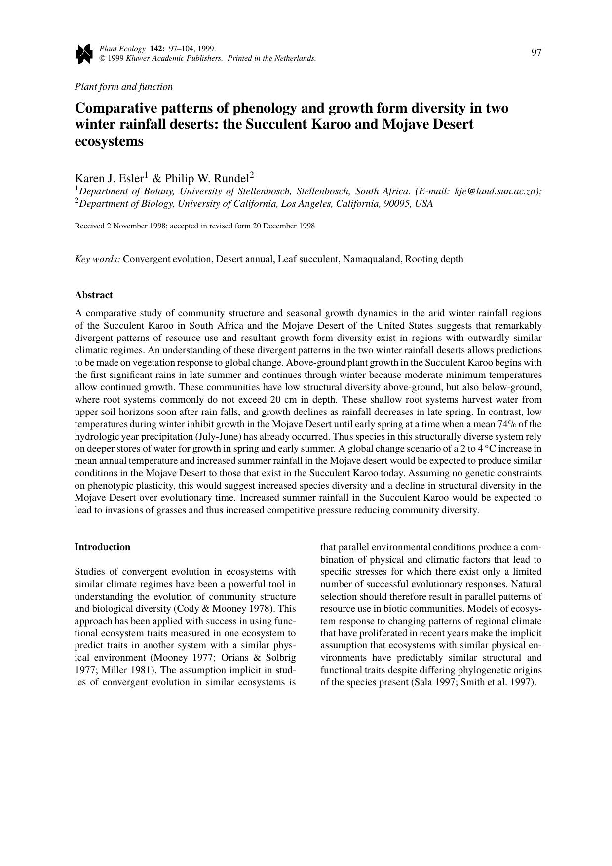 Comparative patterns of phenology and growth form diversity in two winter rainfall deserts: the Succulent Karoo and Mojave Desert ecosystems by Unknown