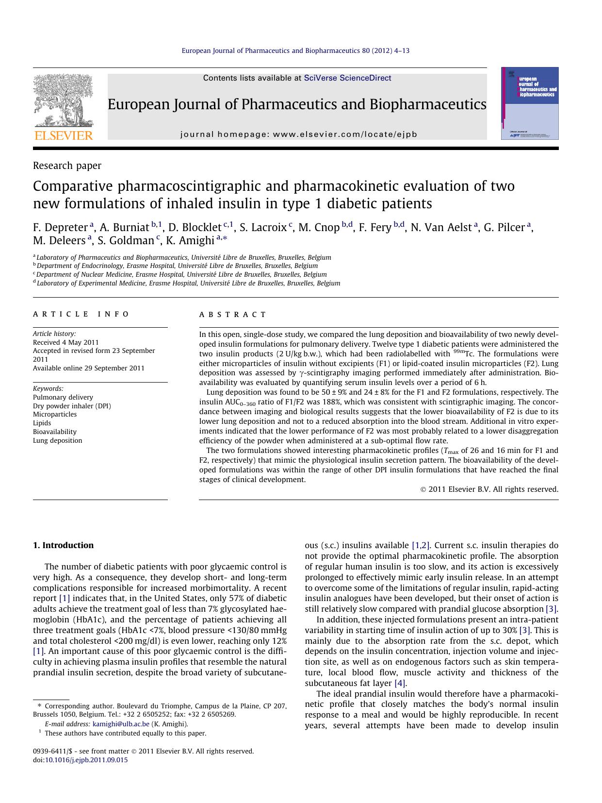Comparative pharmacoscintigraphic and pharmacokinetic evaluation of two new formulations of inhaled insulin in type 1 diabetic patients by unknow