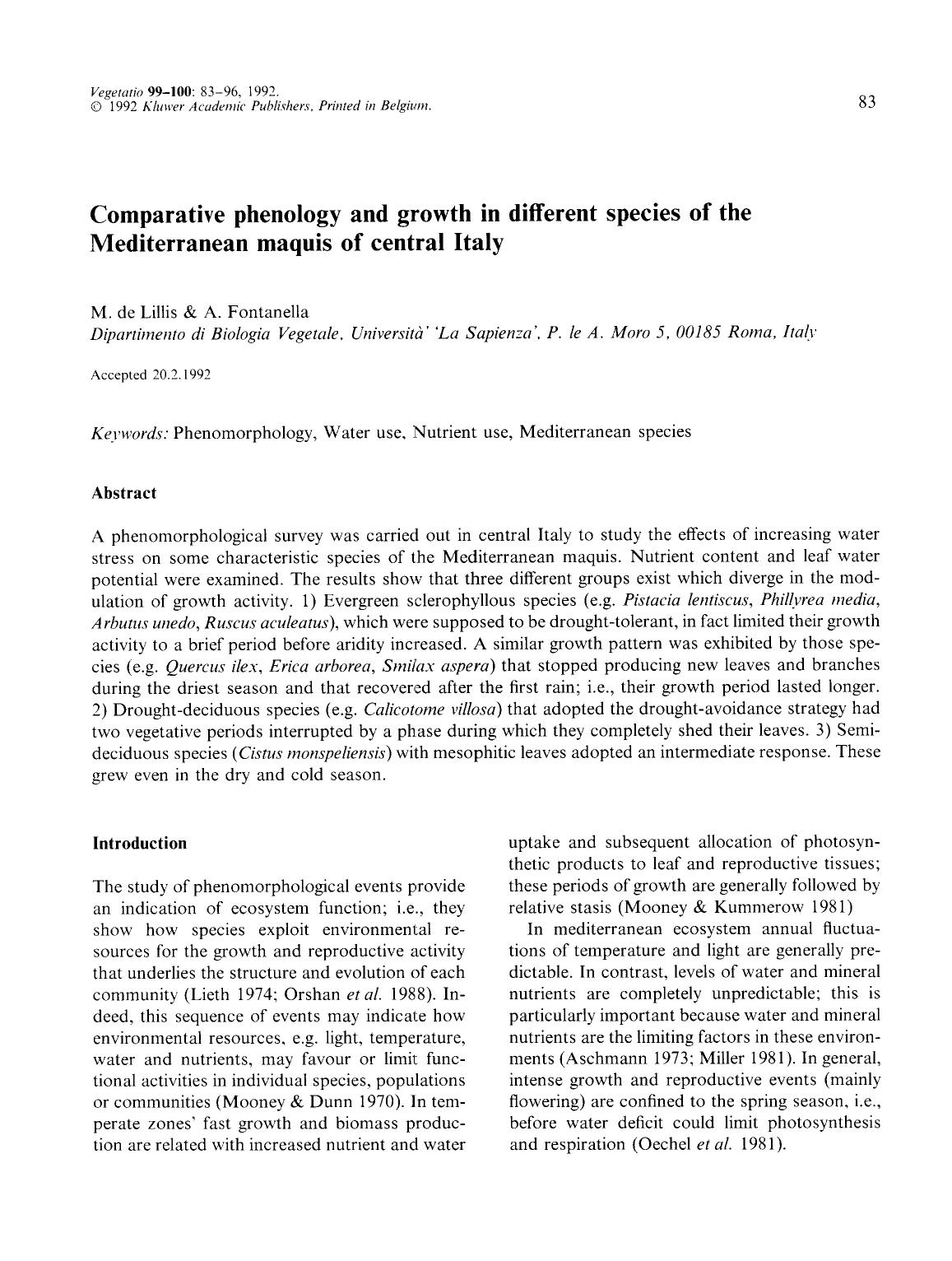 Comparative phenology and growth in different species of the Mediterranean maquis of central Italy by Unknown