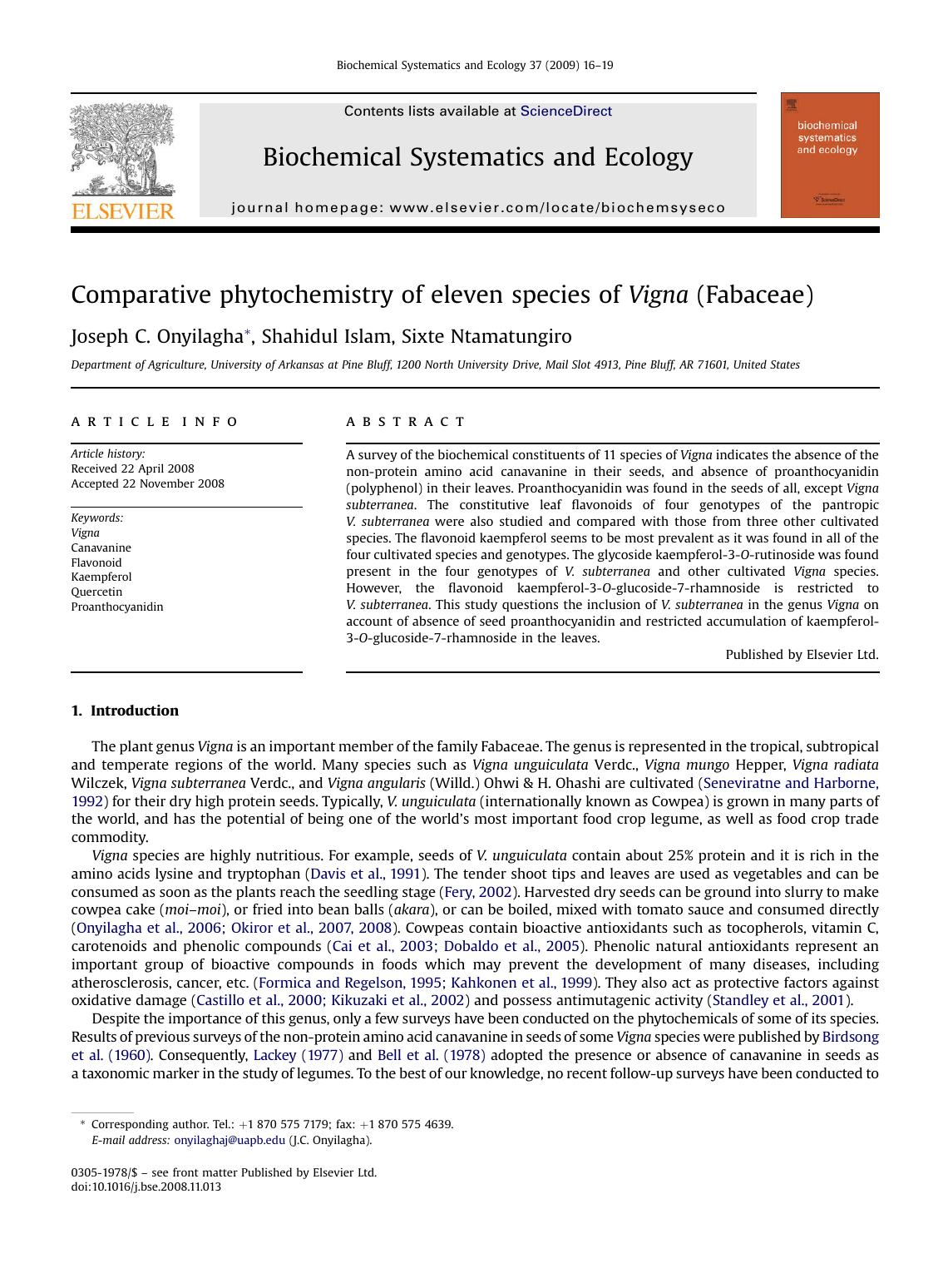 Comparative phytochemistry of eleven species of Vigna (Fabaceae) by Joseph C. Onyilagha; Shahidul Islam; Sixte Ntamatungiro